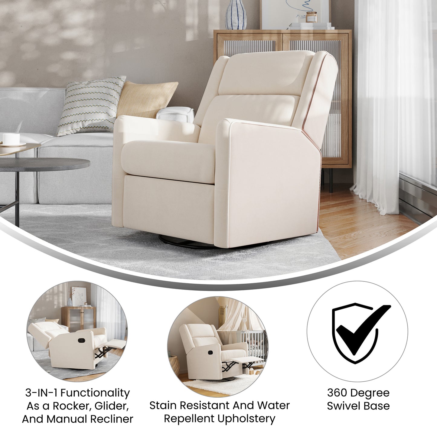 Cash Swivel Glider Rocker Recliner Chair, Manual 360 Degree Swivel Recliner Perfect for Living Room, Bedroom, or Nursery in Cream Upholstery Cream