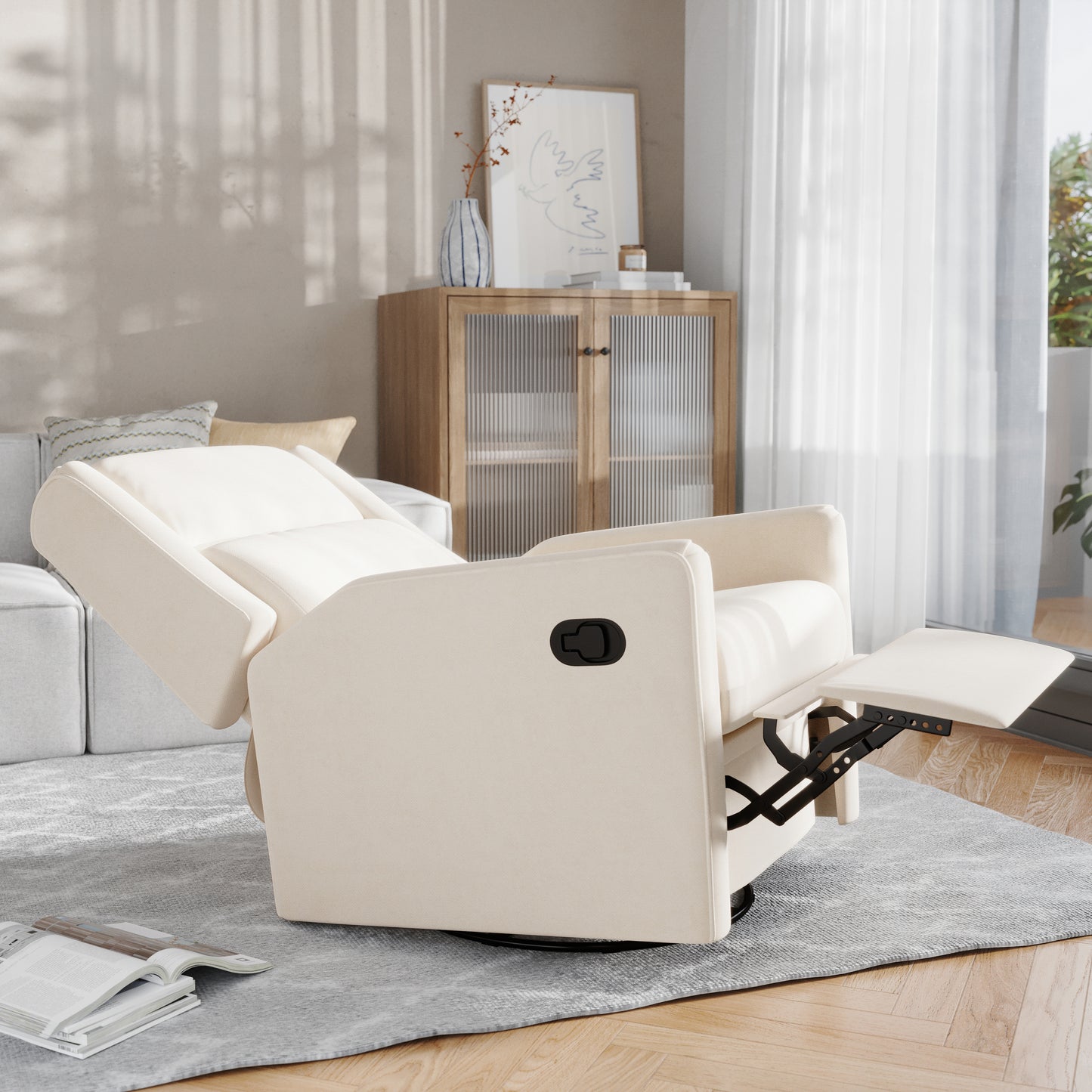 Cash Swivel Glider Rocker Recliner Chair, Manual 360 Degree Swivel Recliner Perfect for Living Room, Bedroom, or Nursery in Cream Upholstery Cream