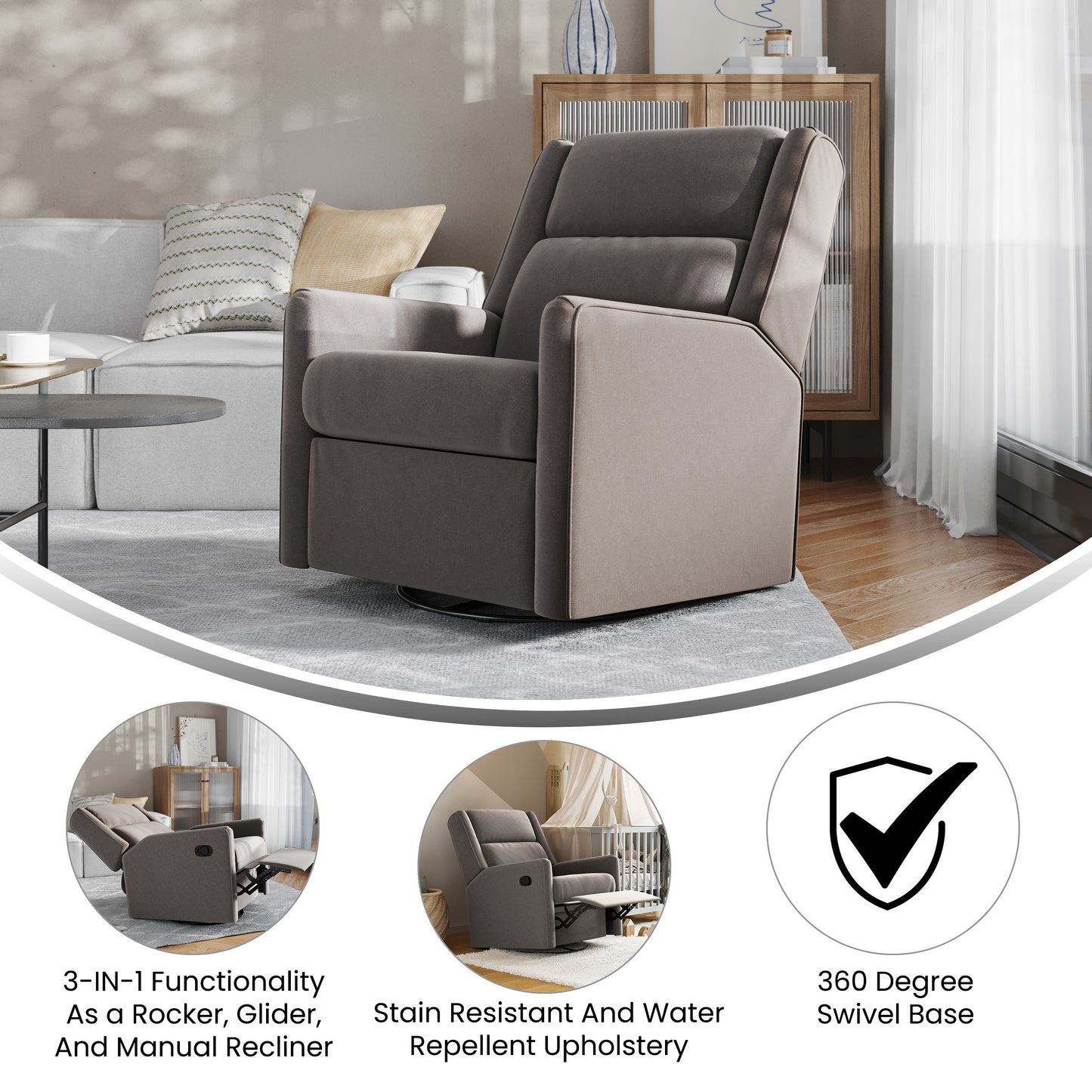 Cash Swivel Glider Rocker Recliner Chair, Manual 360 Degree Swivel Recliner Perfect for Living Room, Bedroom, or Nursery in Dark Gray Upholstery Dark Gray