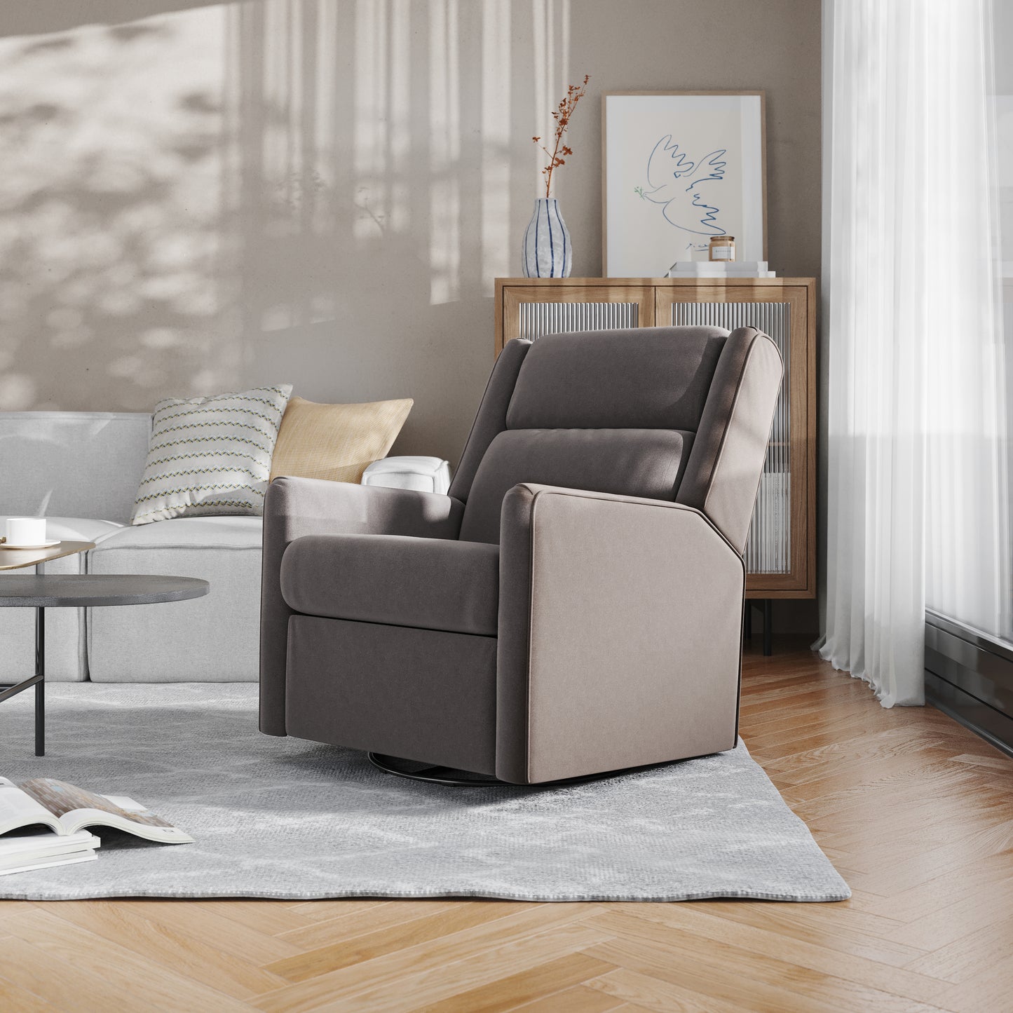 Cash Swivel Glider Rocker Recliner Chair, Manual 360 Degree Swivel Recliner Perfect for Living Room, Bedroom, or Nursery in Dark Gray Upholstery Dark Gray