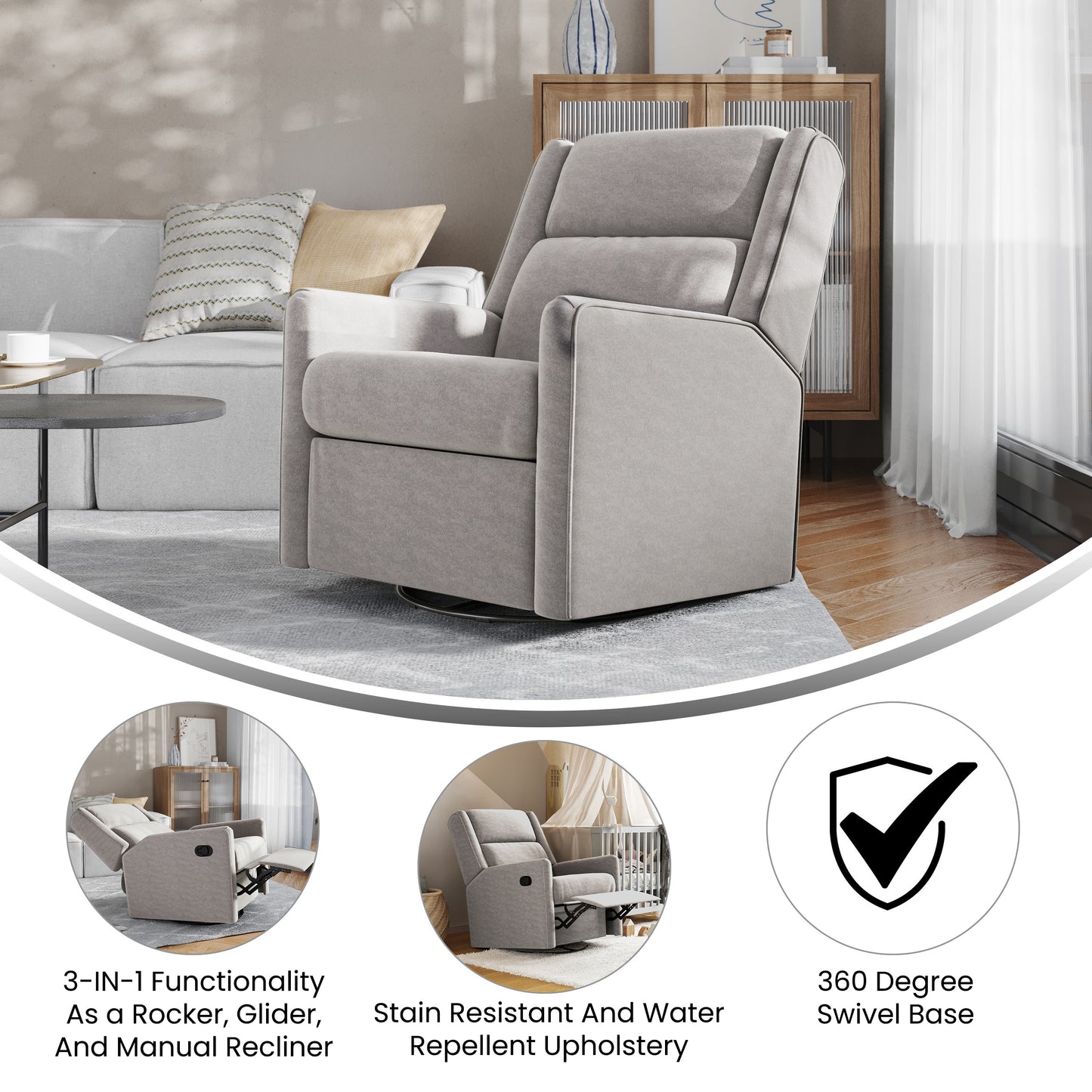 Cash Swivel Glider Rocker Recliner Chair, Manual 360 Degree Swivel Recliner Perfect for Living Room, Bedroom, or Nursery in Light Gray Upholstery Light Gray