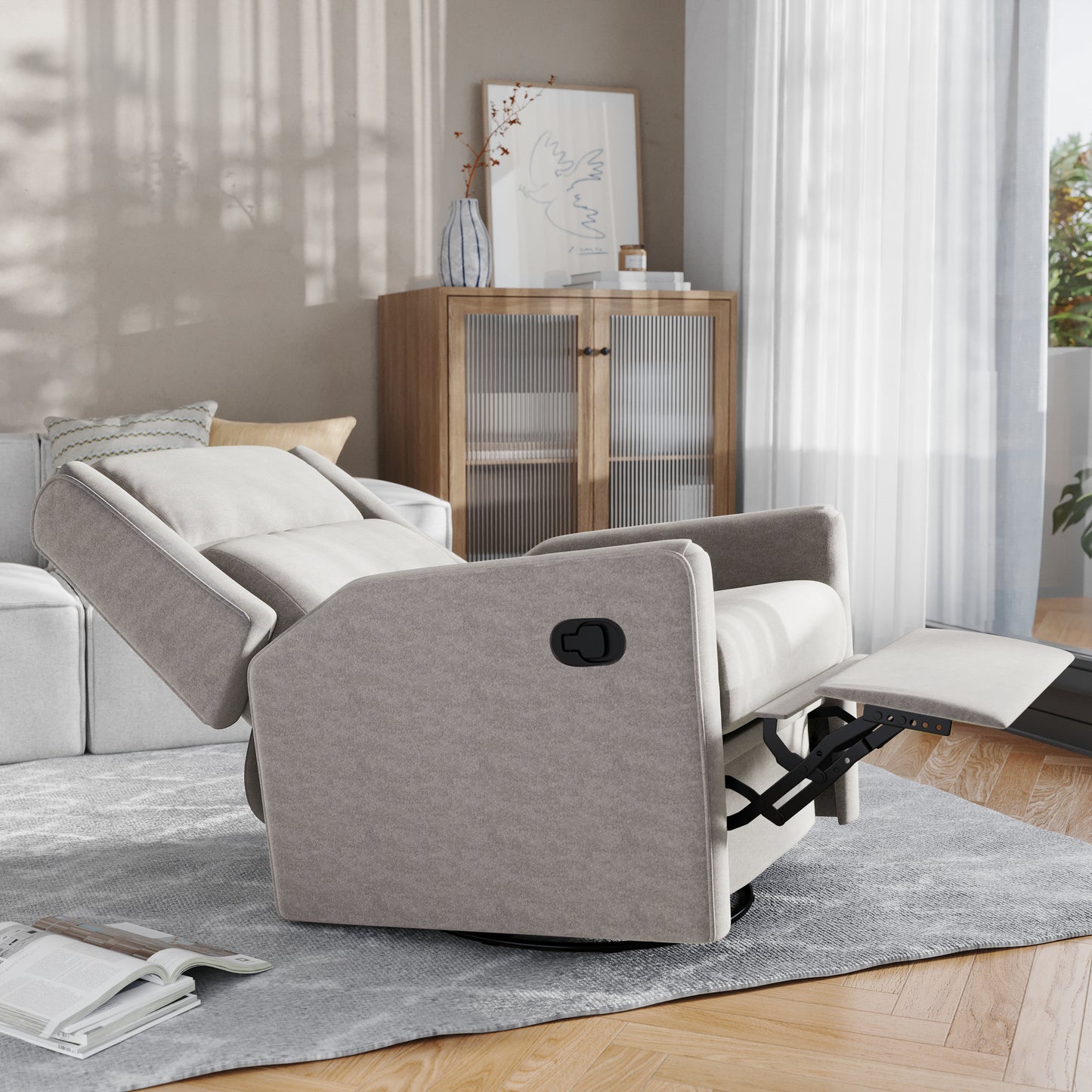 Cash Swivel Glider Rocker Recliner Chair, Manual 360 Degree Swivel Recliner Perfect for Living Room, Bedroom, or Nursery in Light Gray Upholstery Light Gray