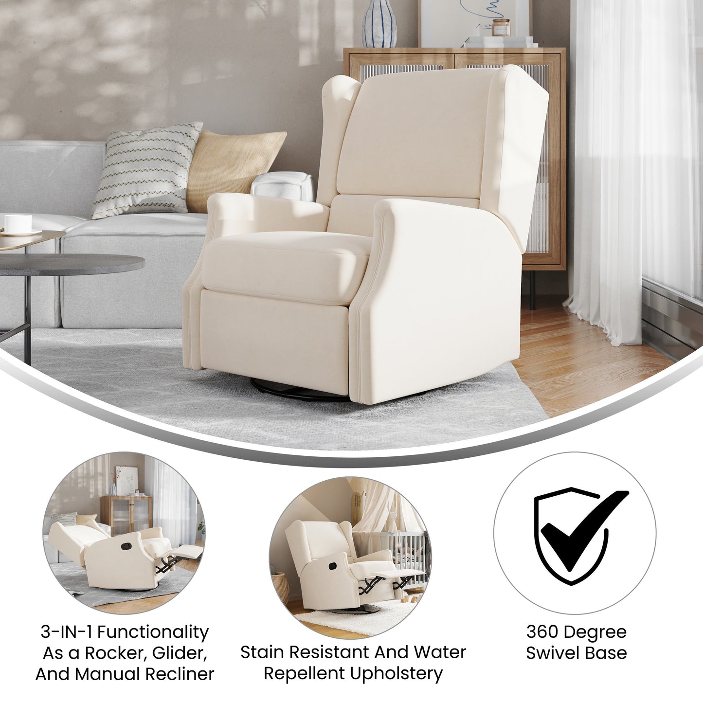 Omma Swivel Glider Rocker Recliner Chair, Manual 360 Degree Swivel Wingback Recliner Perfect for Living Room, Bedroom, or Nursery in Cream Cream