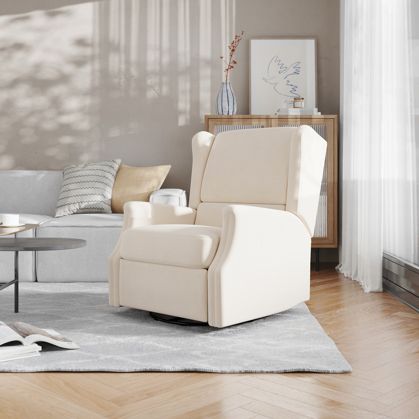 Omma Swivel Glider Rocker Recliner Chair, Manual 360 Degree Swivel Wingback Recliner Perfect for Living Room, Bedroom, or Nursery in Cream Cream