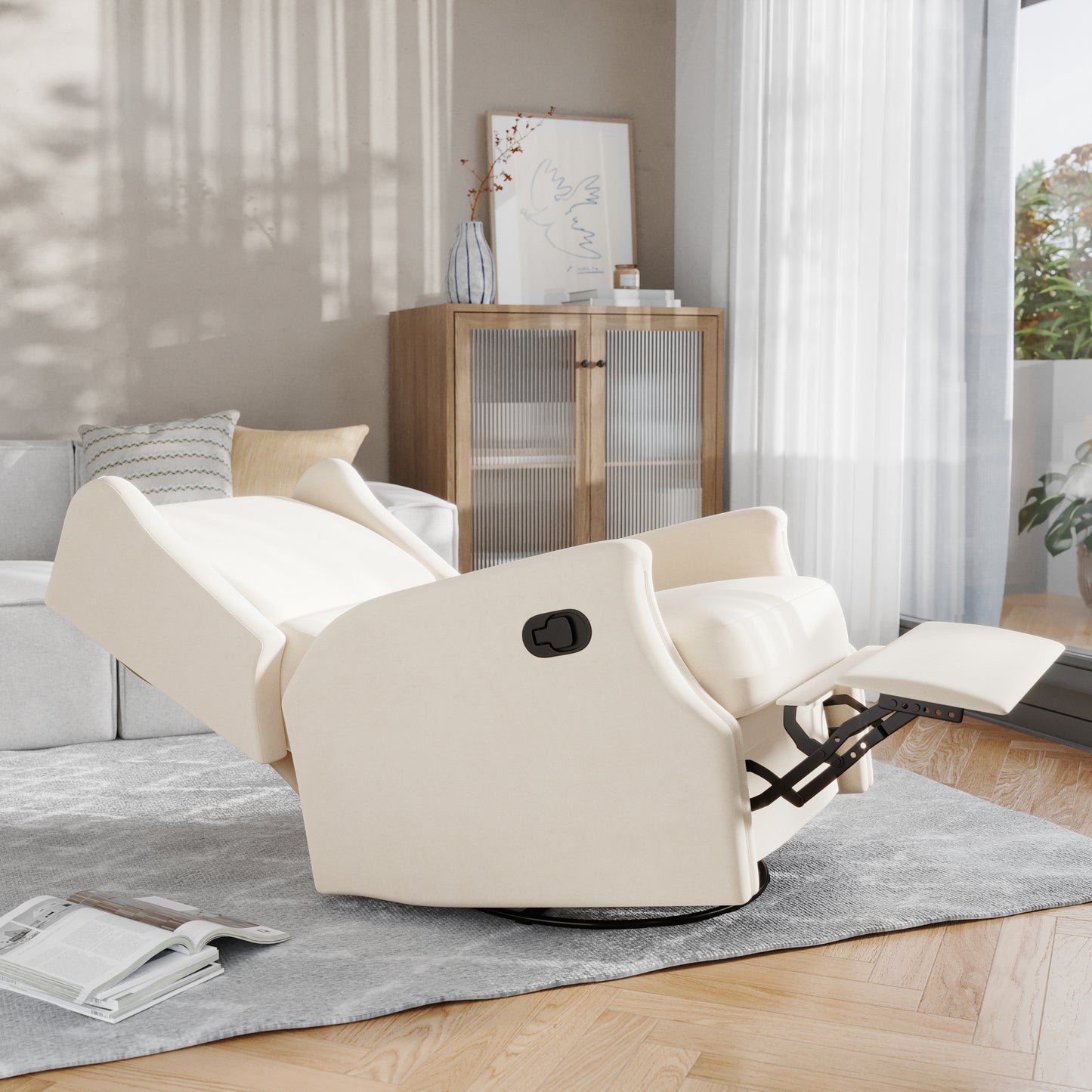 Omma Swivel Glider Rocker Recliner Chair, Manual 360 Degree Swivel Wingback Recliner Perfect for Living Room, Bedroom, or Nursery in Cream Cream