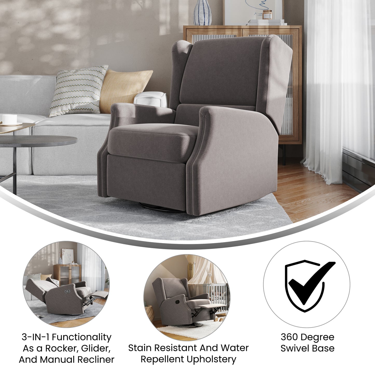 Omma Swivel Glider Rocker Recliner Chair, Manual 360 Degree Swivel Wingback Recliner Perfect for Living Room, Bedroom, or Nursery in Dark Gray Dark Gray