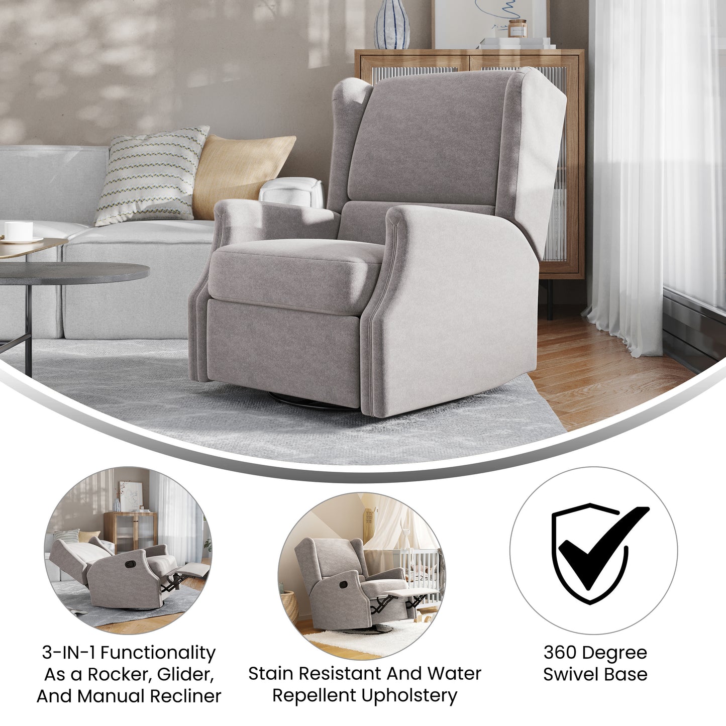 Omma Swivel Glider Rocker Recliner Chair, Manual 360 Degree Swivel Wingback Recliner Perfect for Living Room, Bedroom, or Nursery in Light Gray Light Gray