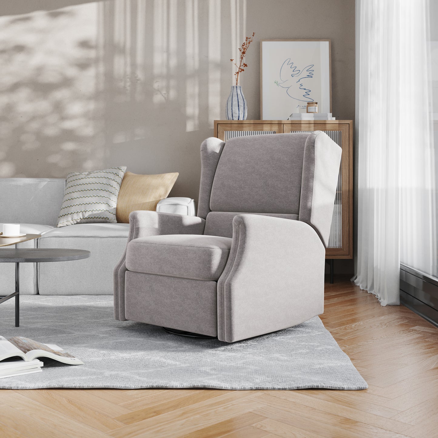 Omma Swivel Glider Rocker Recliner Chair, Manual 360 Degree Swivel Wingback Recliner Perfect for Living Room, Bedroom, or Nursery in Light Gray Light Gray