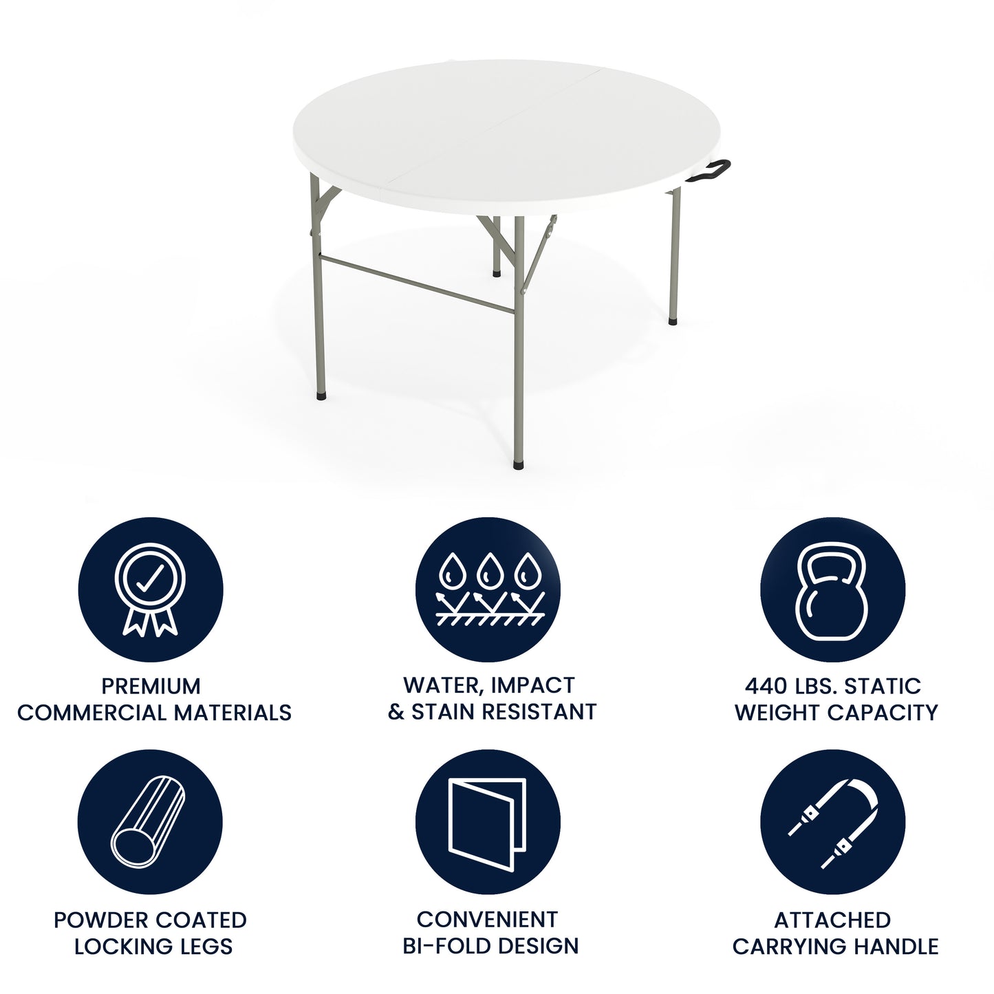Freeman 4-Foot Round Bi-Fold Granite White Plastic Banquet and Event Folding Table with Carrying Handle Granite White