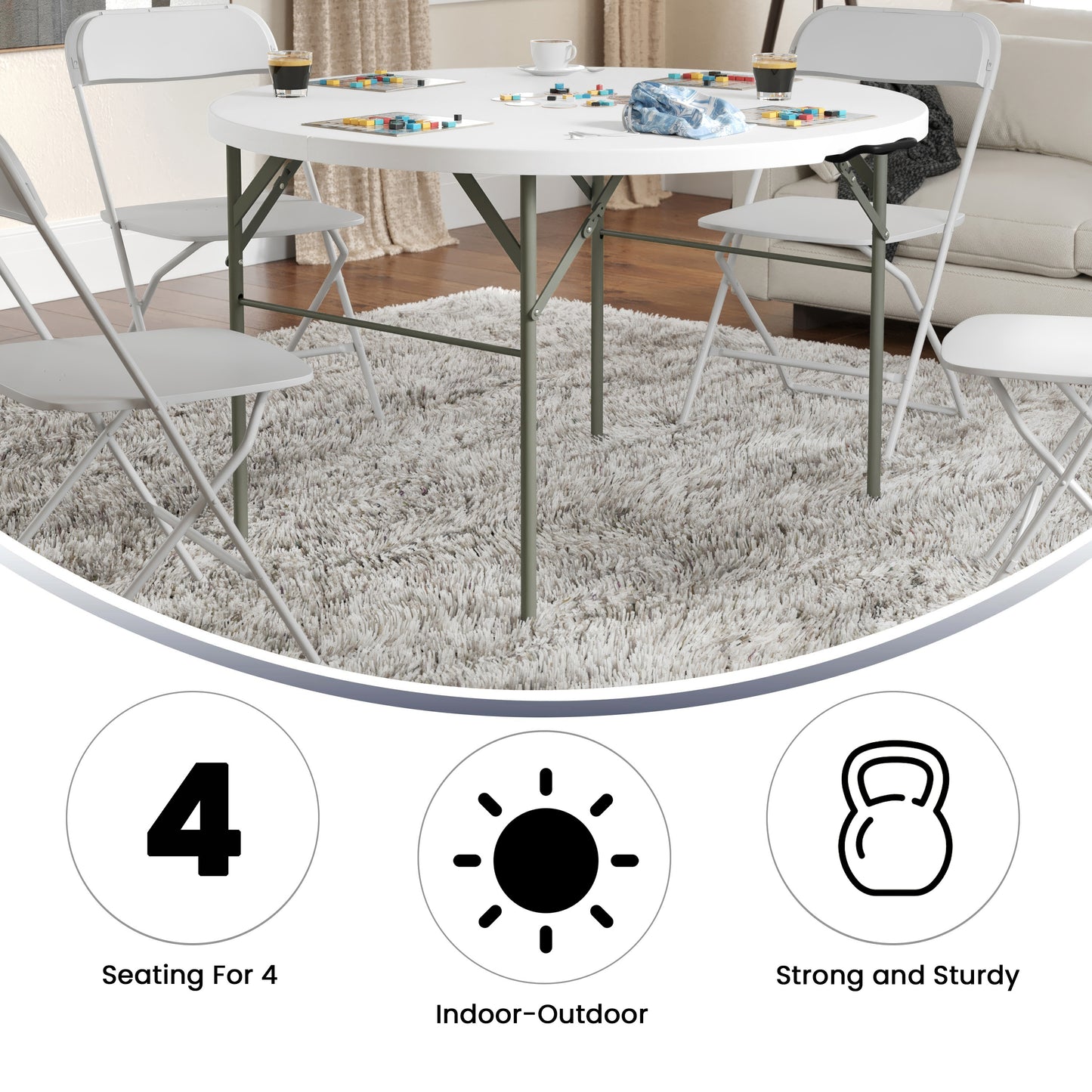 Freeman 4-Foot Round Bi-Fold Granite White Plastic Banquet and Event Folding Table with Carrying Handle Granite White