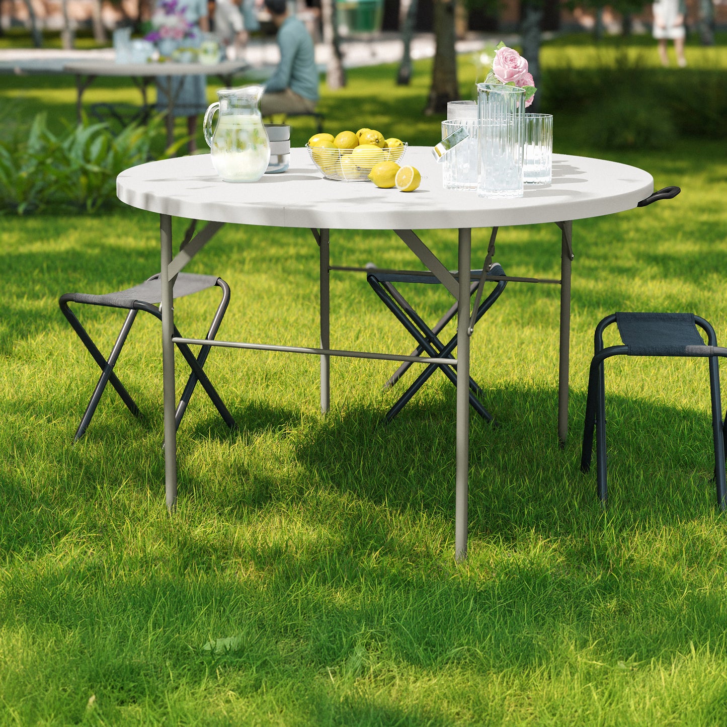 Freeman 4-Foot Round Bi-Fold Granite White Plastic Banquet and Event Folding Table with Carrying Handle Granite White