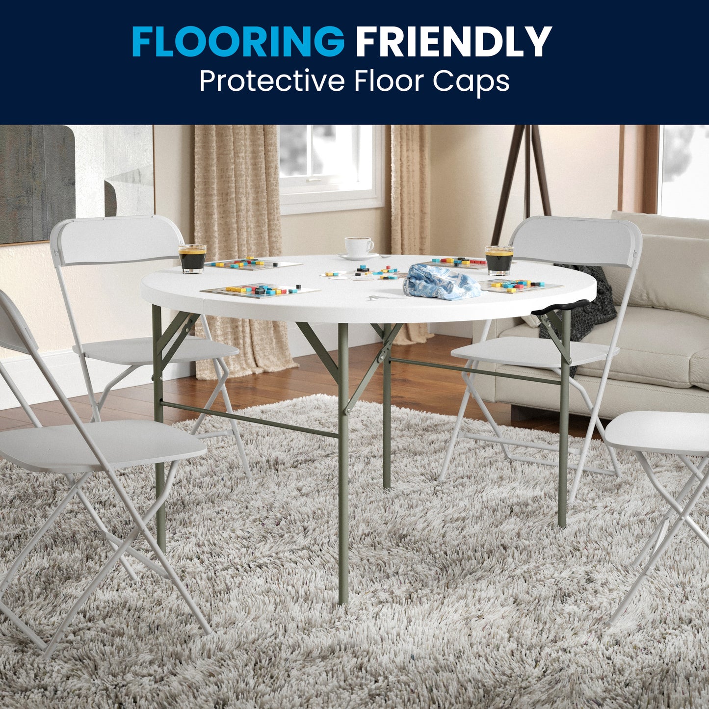 Freeman 4-Foot Round Bi-Fold Granite White Plastic Banquet and Event Folding Table with Carrying Handle Granite White