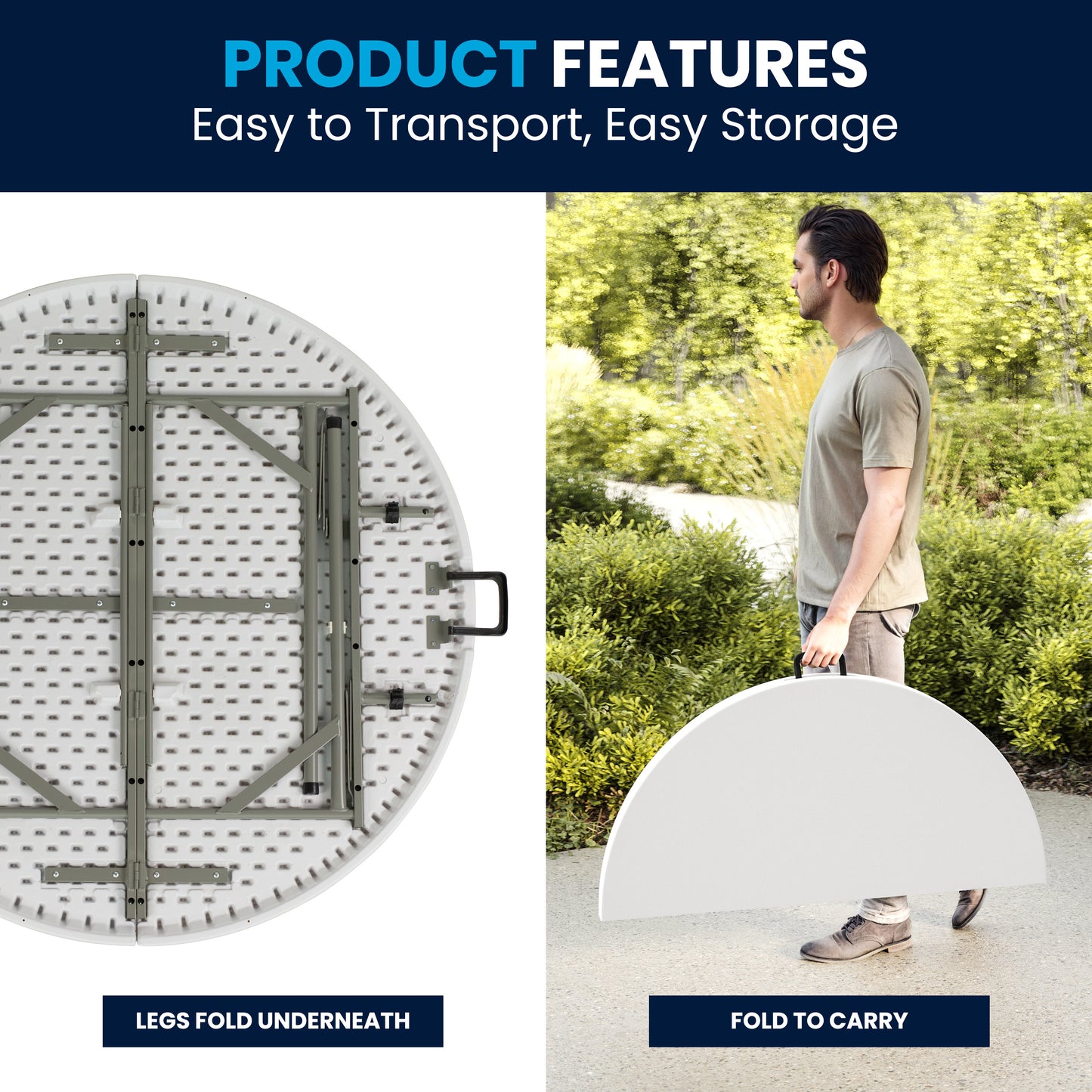 Freeman 4-Foot Round Bi-Fold Granite White Plastic Banquet and Event Folding Table with Carrying Handle Granite White