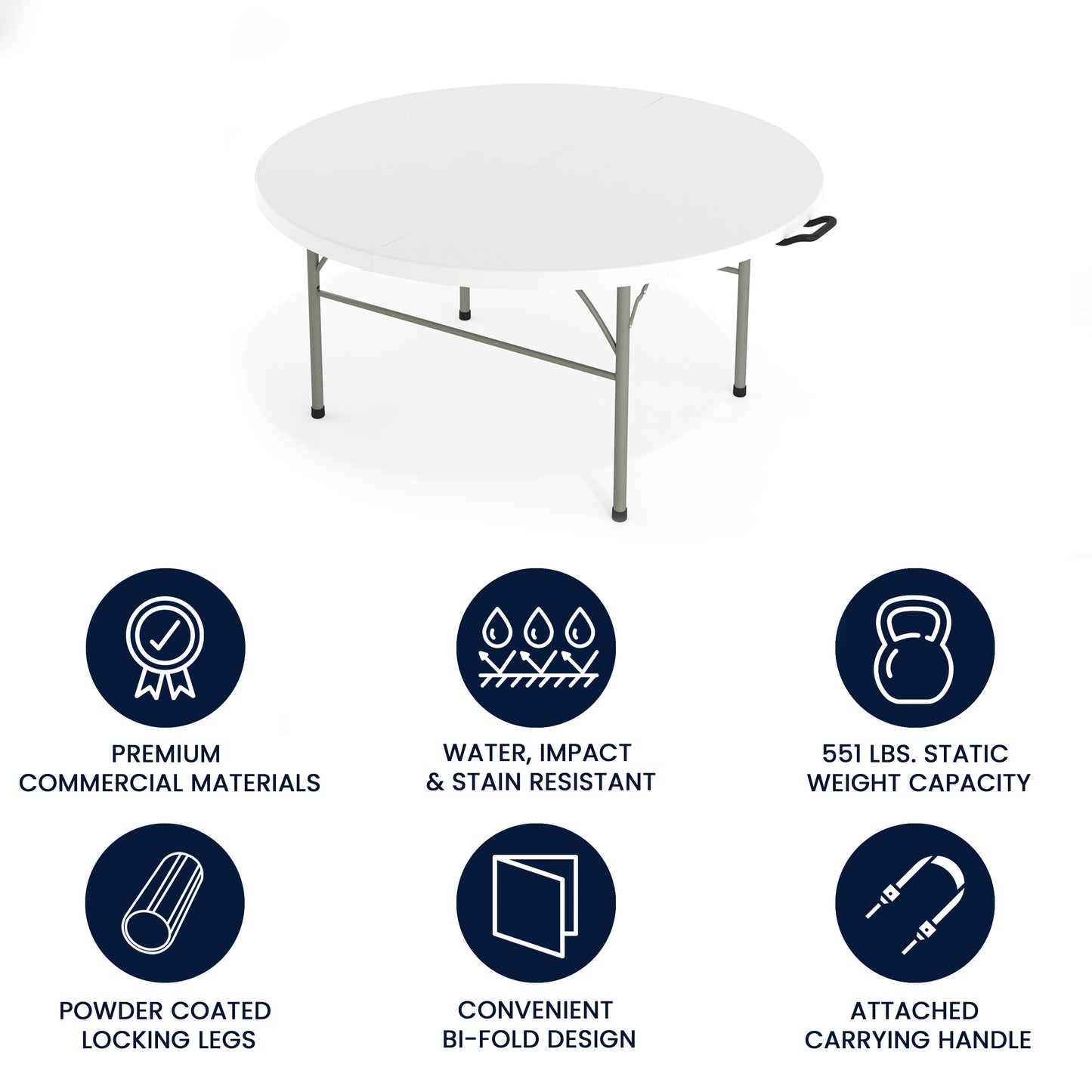 Scarborough 5-Foot Round Bi-Fold White Plastic Folding Table with Carrying Handle Granite White
