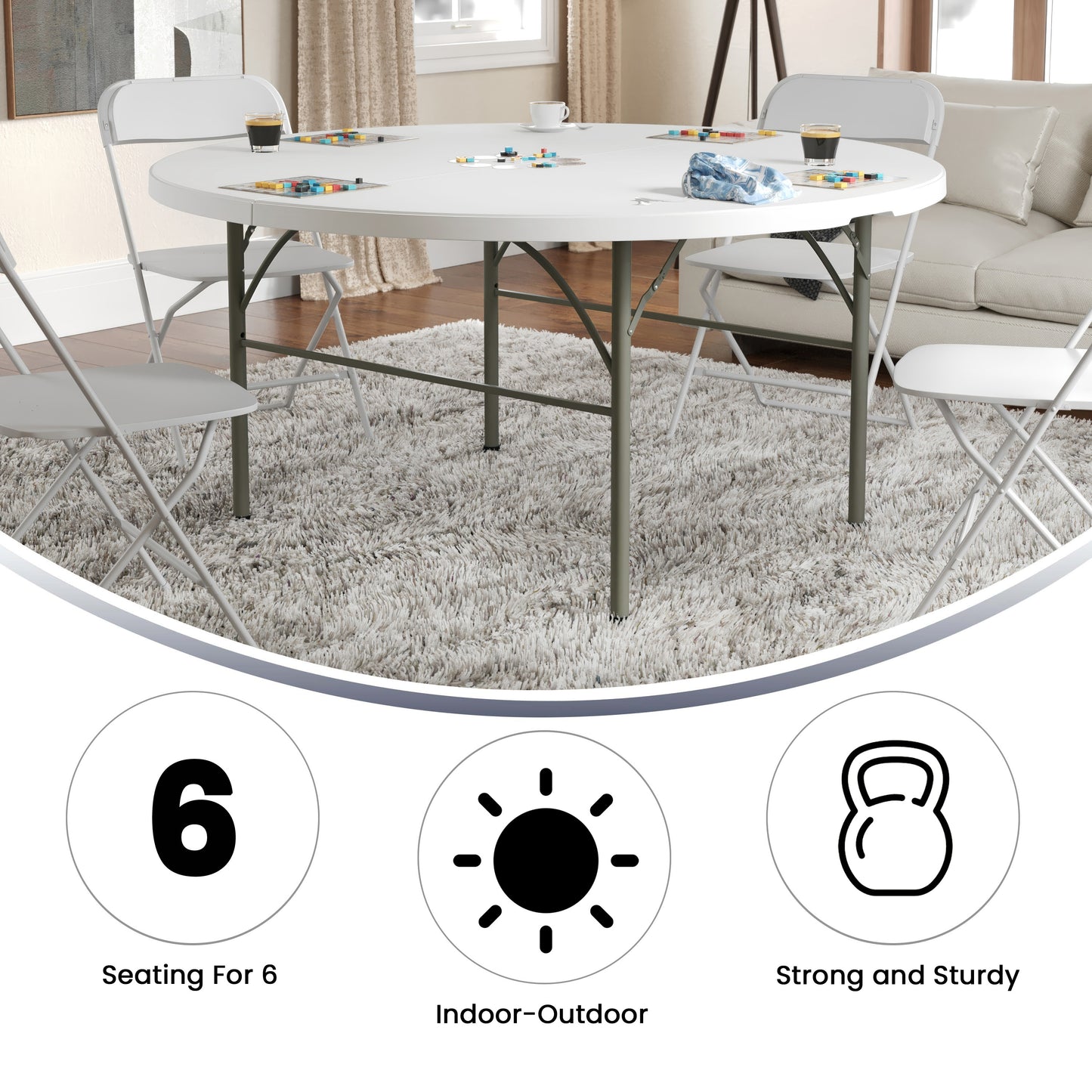 Scarborough 5-Foot Round Bi-Fold White Plastic Folding Table with Carrying Handle Granite White