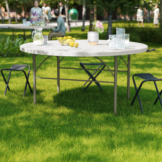 Scarborough 5-Foot Round Bi-Fold White Plastic Folding Table with Carrying Handle Granite White