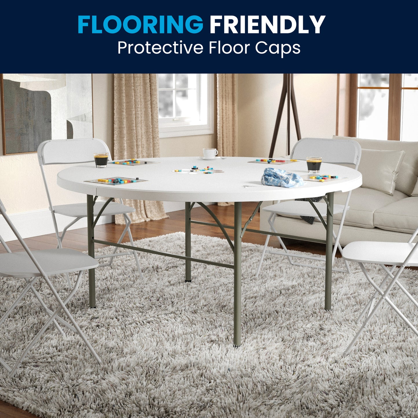 Scarborough 5-Foot Round Bi-Fold White Plastic Folding Table with Carrying Handle Granite White