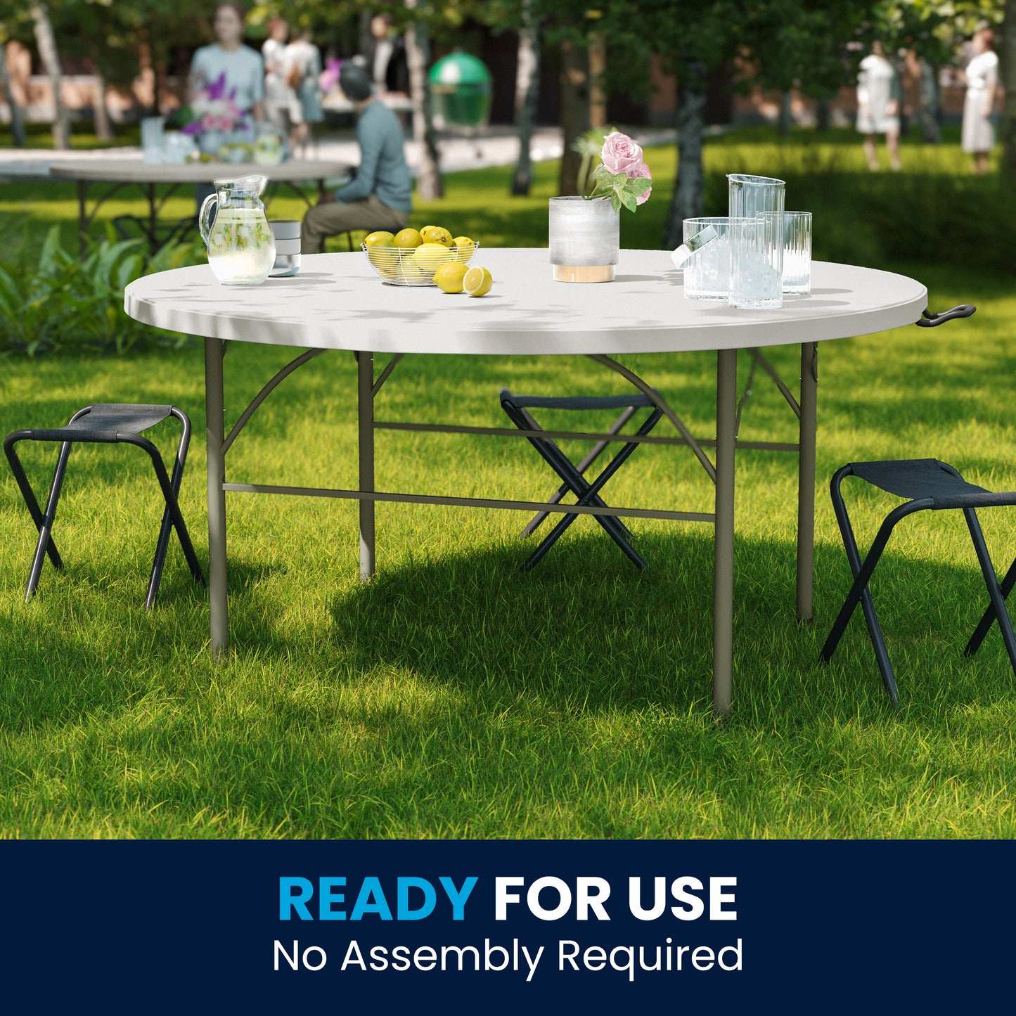 Scarborough 5-Foot Round Bi-Fold White Plastic Folding Table with Carrying Handle Granite White