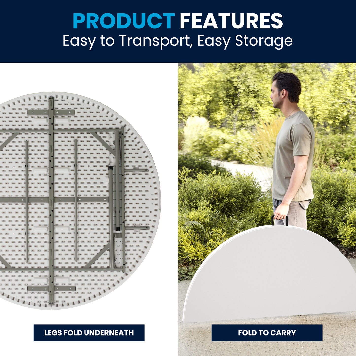 Scarborough 5-Foot Round Bi-Fold White Plastic Folding Table with Carrying Handle Granite White
