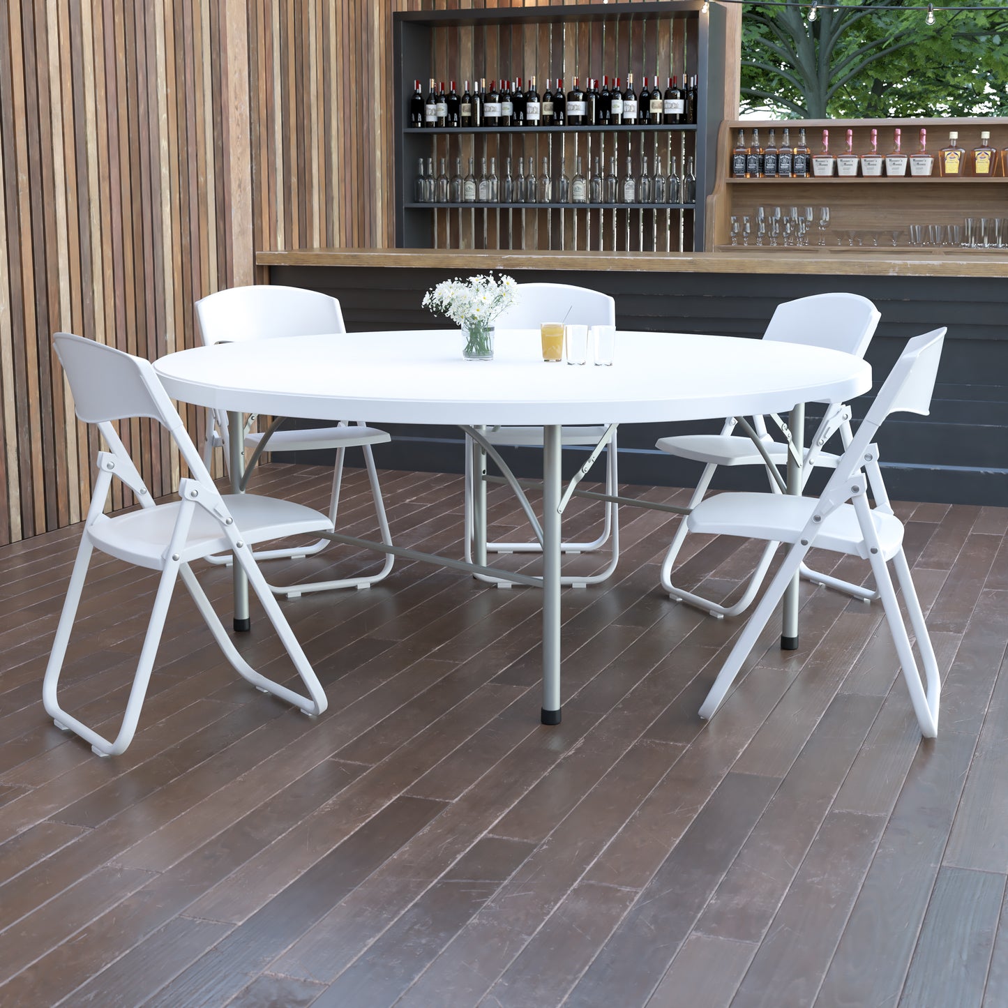 Stonewall 6-Foot Round Bi-Fold Granite White Plastic Banquet and Event Folding Table with Carrying Handle Granite White