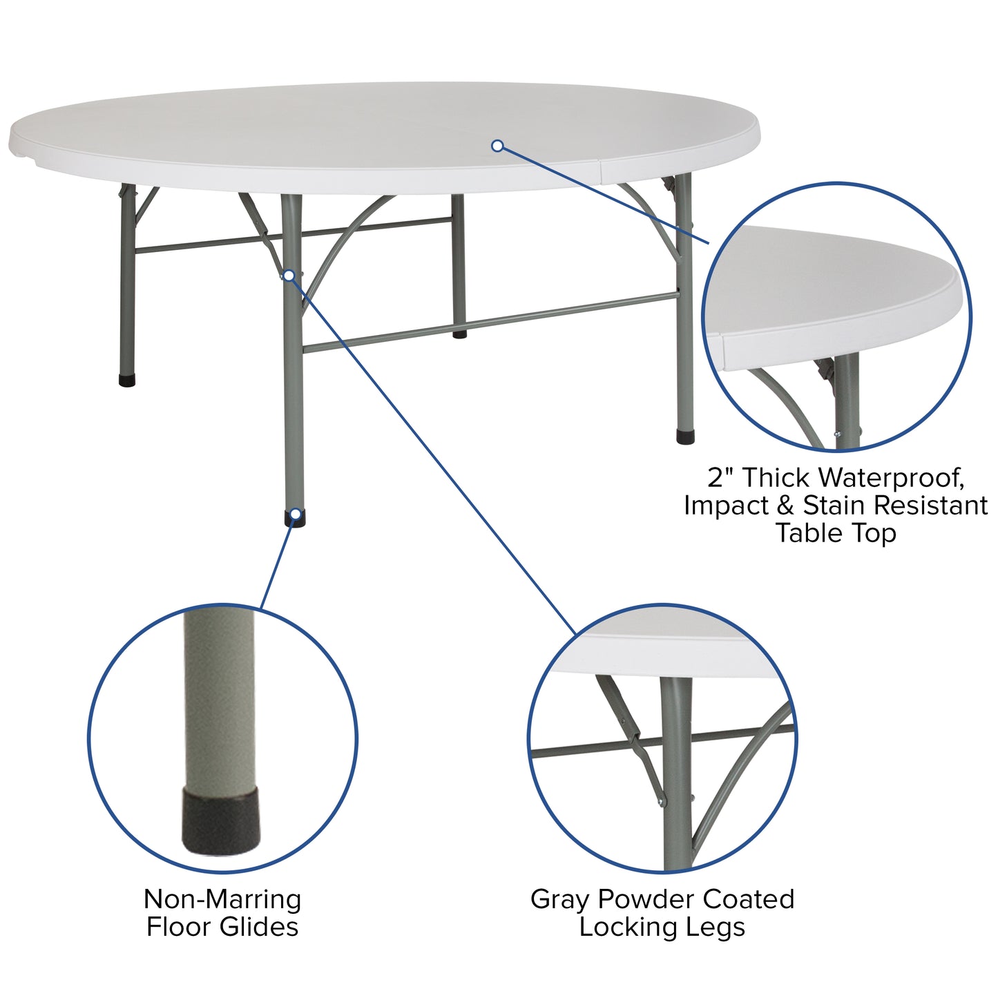 Stonewall 6-Foot Round Bi-Fold Granite White Plastic Banquet and Event Folding Table with Carrying Handle Granite White