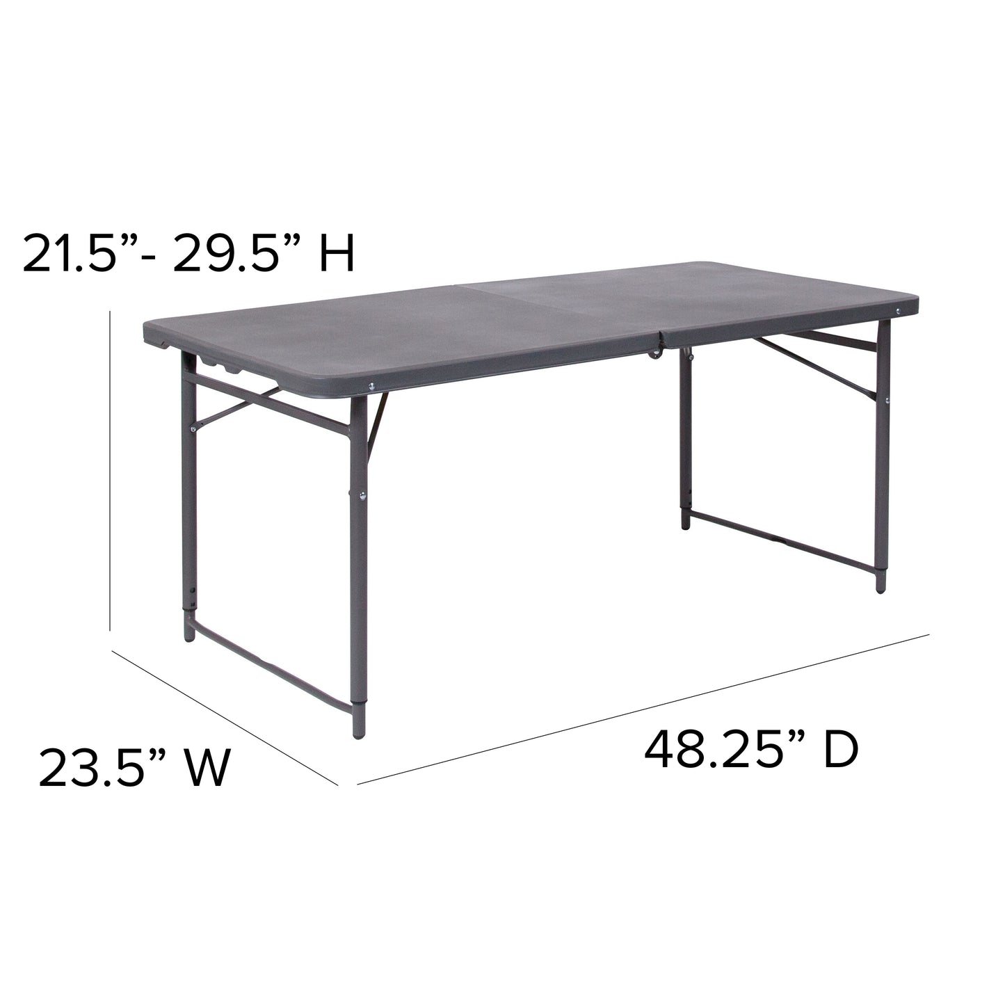 Mills 4-Foot Height Adjustable Bi-Fold Dark Gray Plastic Folding Table with Carrying Handle Dark Gray