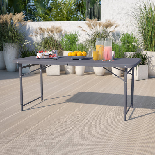 Mills 4-Foot Height Adjustable Bi-Fold Dark Gray Plastic Folding Table with Carrying Handle Dark Gray