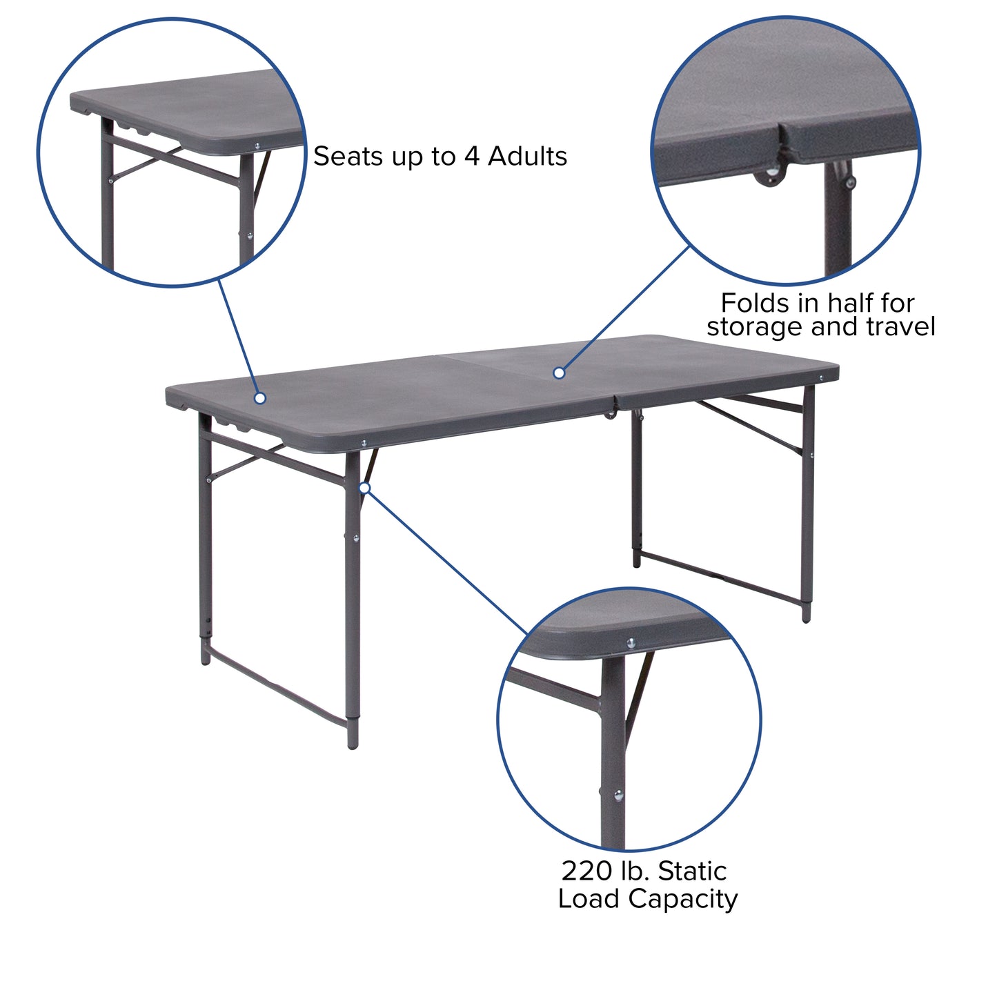 Mills 4-Foot Height Adjustable Bi-Fold Dark Gray Plastic Folding Table with Carrying Handle Dark Gray