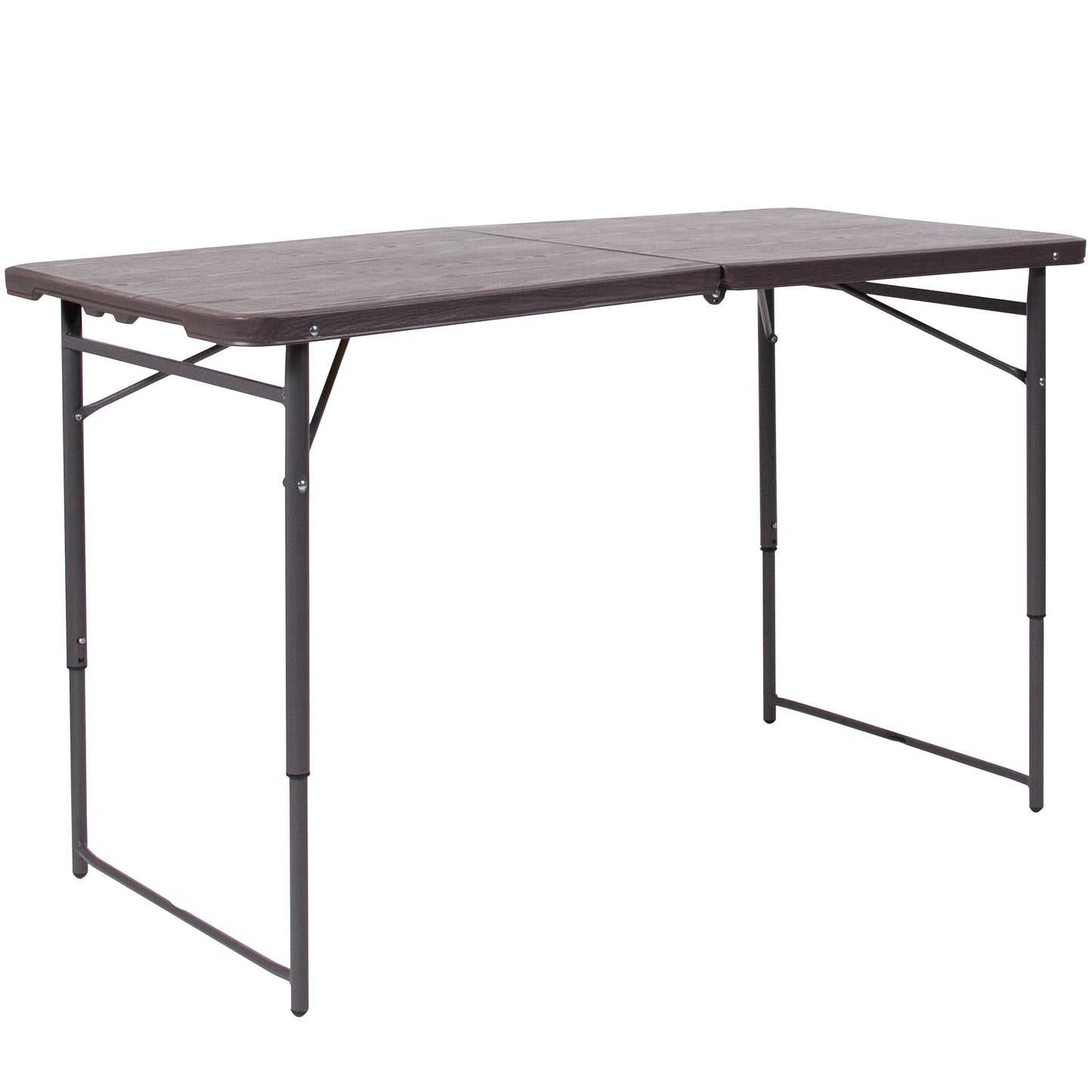 Mills 4-Foot Height Adjustable Bi-Fold Brown Wood Grain Plastic Folding Table with Carrying Handle Brown