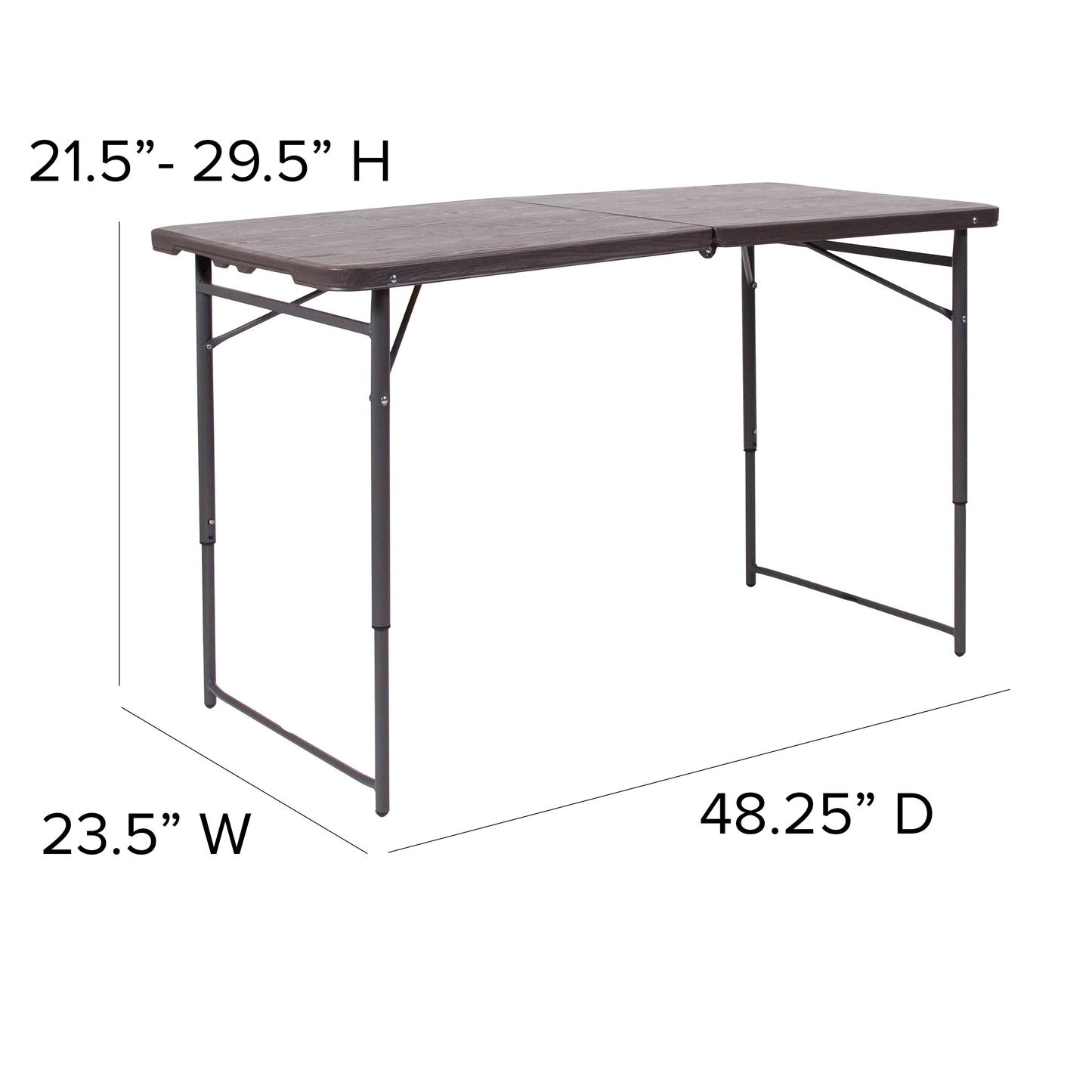 Mills 4-Foot Height Adjustable Bi-Fold Brown Wood Grain Plastic Folding Table with Carrying Handle Brown