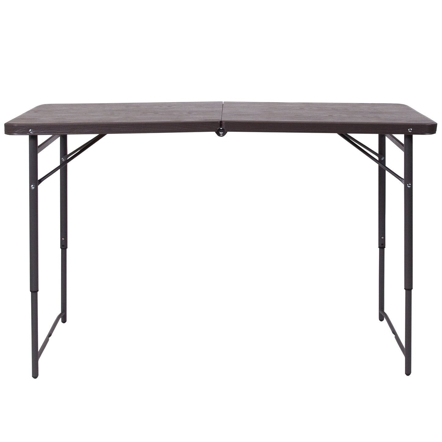 Mills 4-Foot Height Adjustable Bi-Fold Brown Wood Grain Plastic Folding Table with Carrying Handle Brown