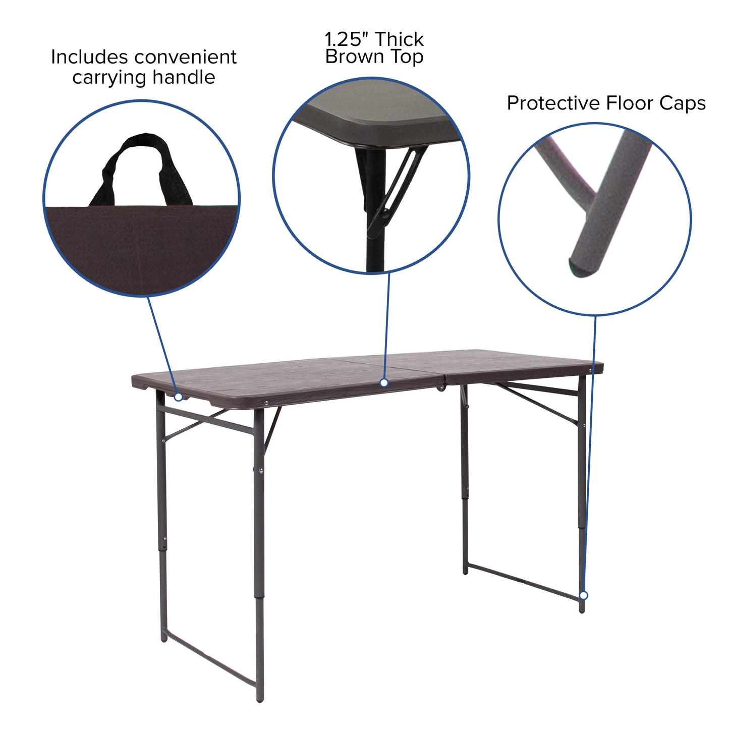 Mills 4-Foot Height Adjustable Bi-Fold Brown Wood Grain Plastic Folding Table with Carrying Handle Brown