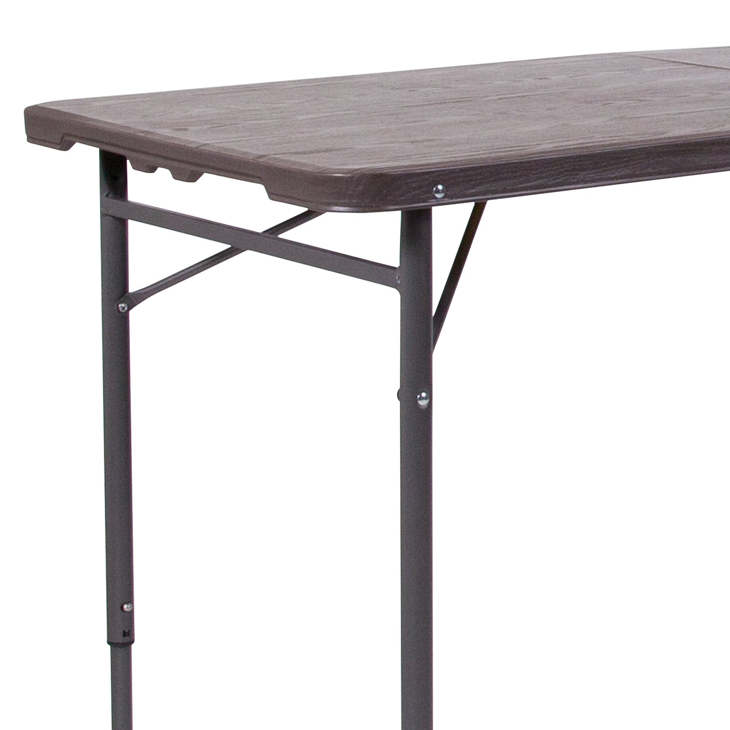Mills 4-Foot Height Adjustable Bi-Fold Brown Wood Grain Plastic Folding Table with Carrying Handle Brown