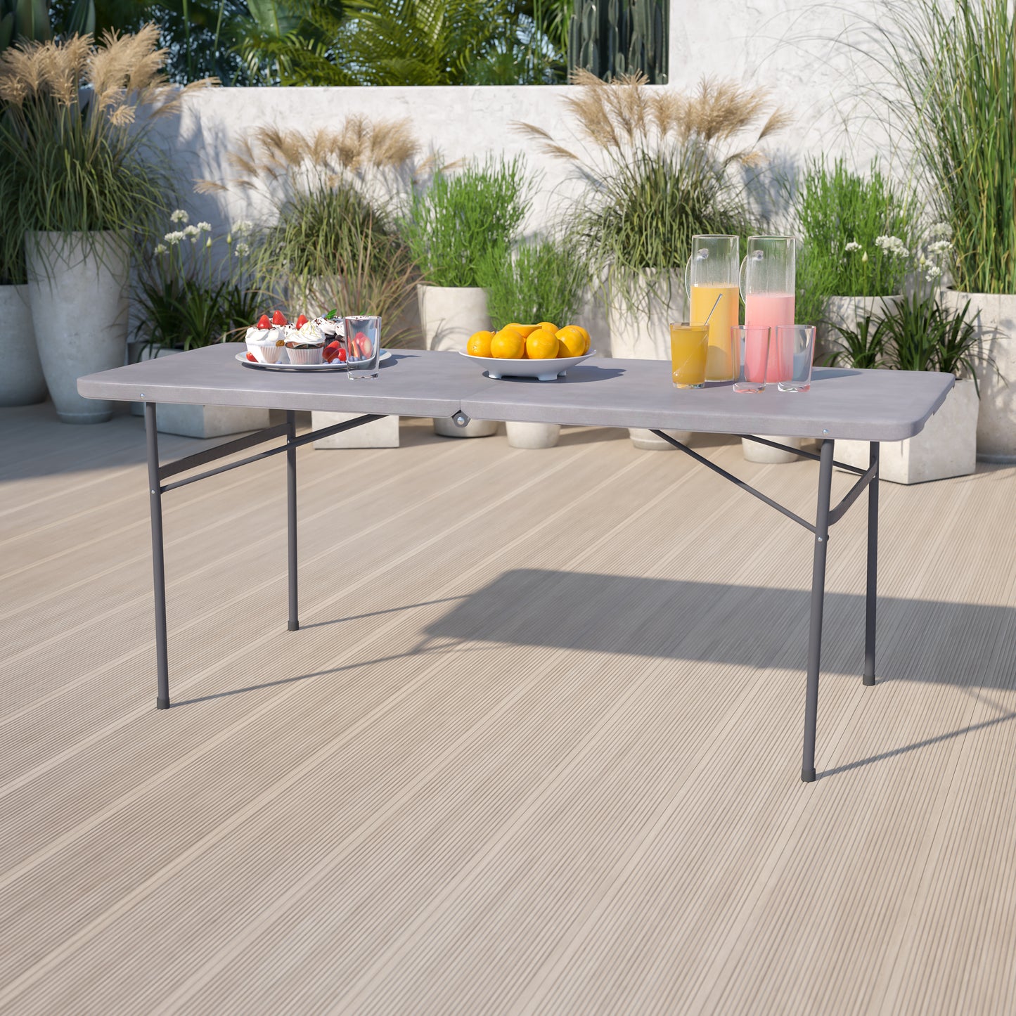Elijah 6-Foot Bi-Fold Dark Gray Plastic Folding Table with Carrying Handle Dark Gray