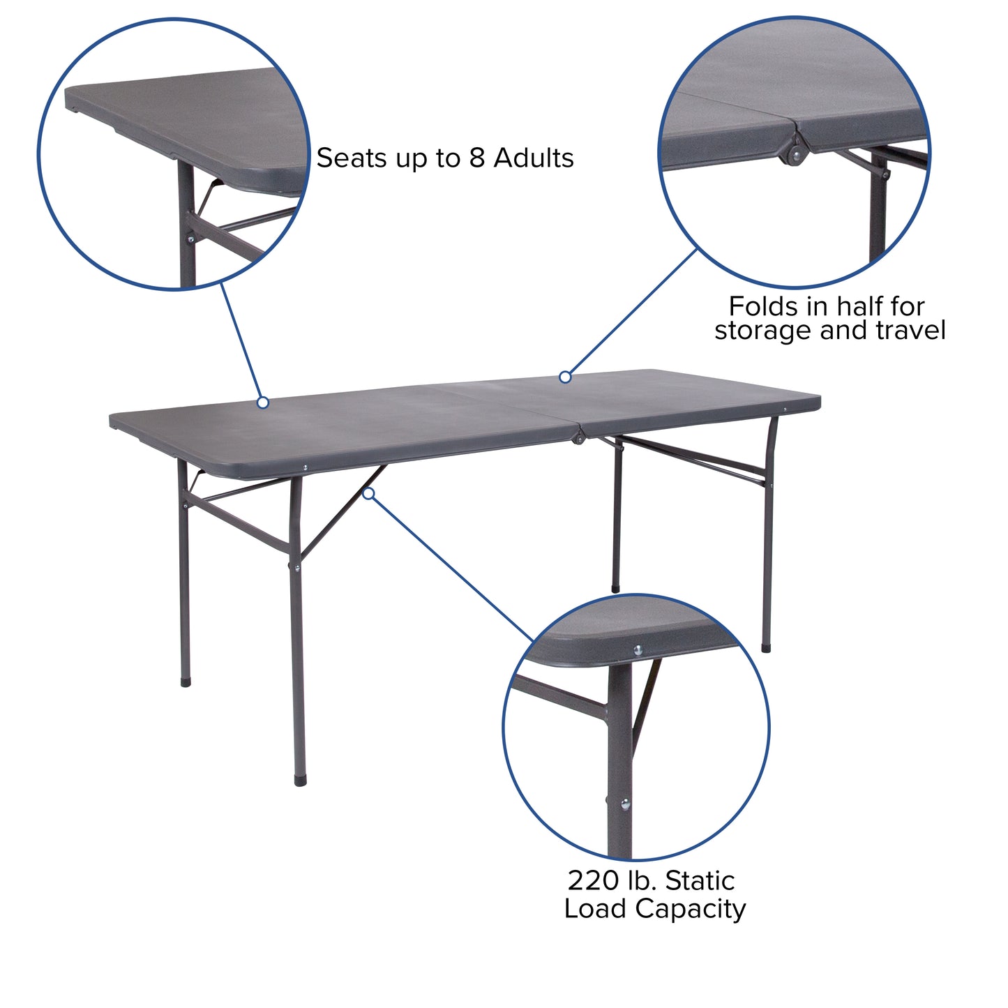 Elijah 6-Foot Bi-Fold Dark Gray Plastic Folding Table with Carrying Handle Dark Gray