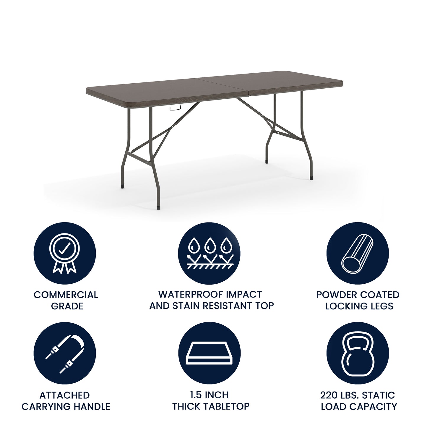 Elijah 6-Foot Bi-Fold Brown Wood Grain Plastic Folding Table with Carrying Handle Brown DAD-LF-183Z-GG
