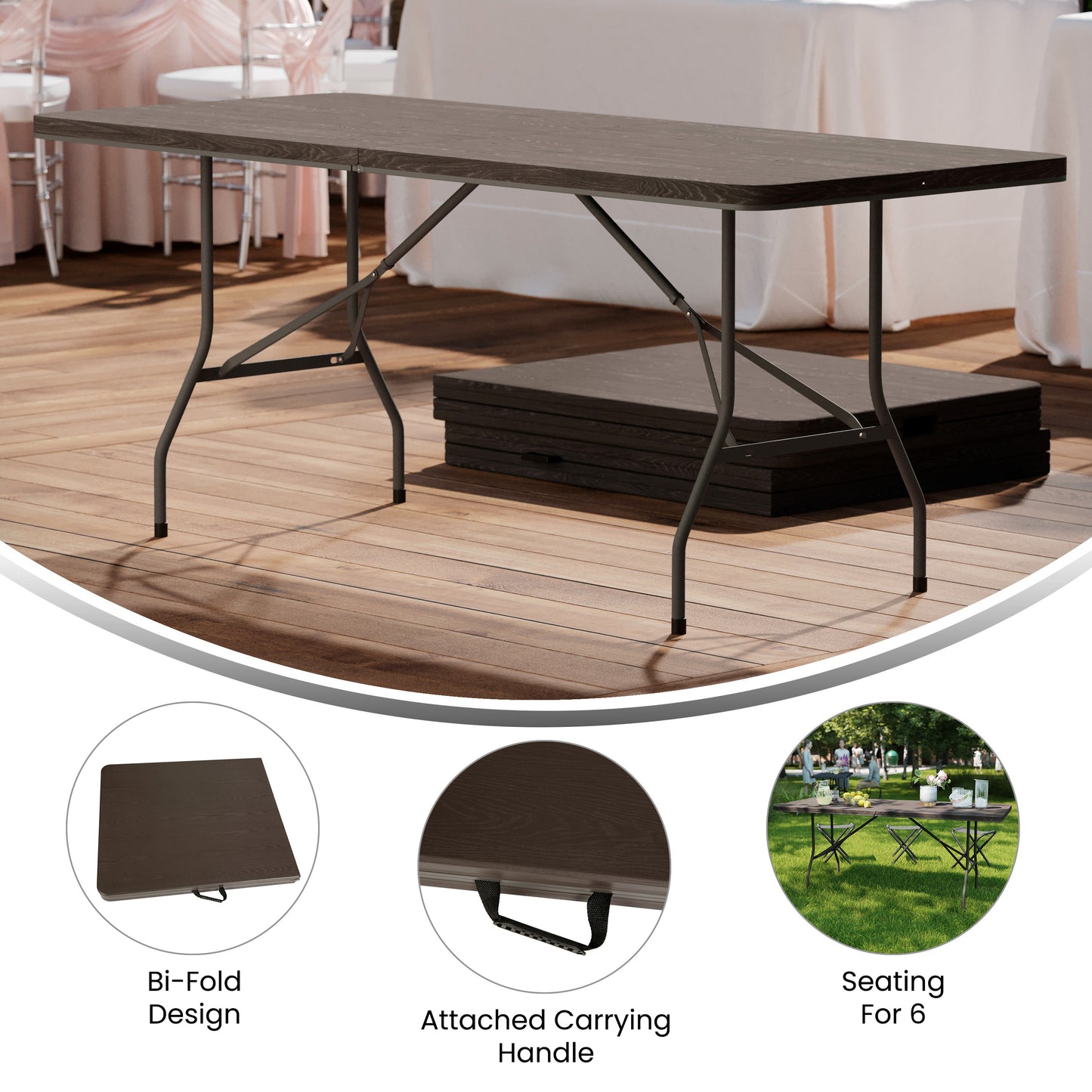 Elijah 6-Foot Bi-Fold Brown Wood Grain Plastic Folding Table with Carrying Handle Brown DAD-LF-183Z-GG