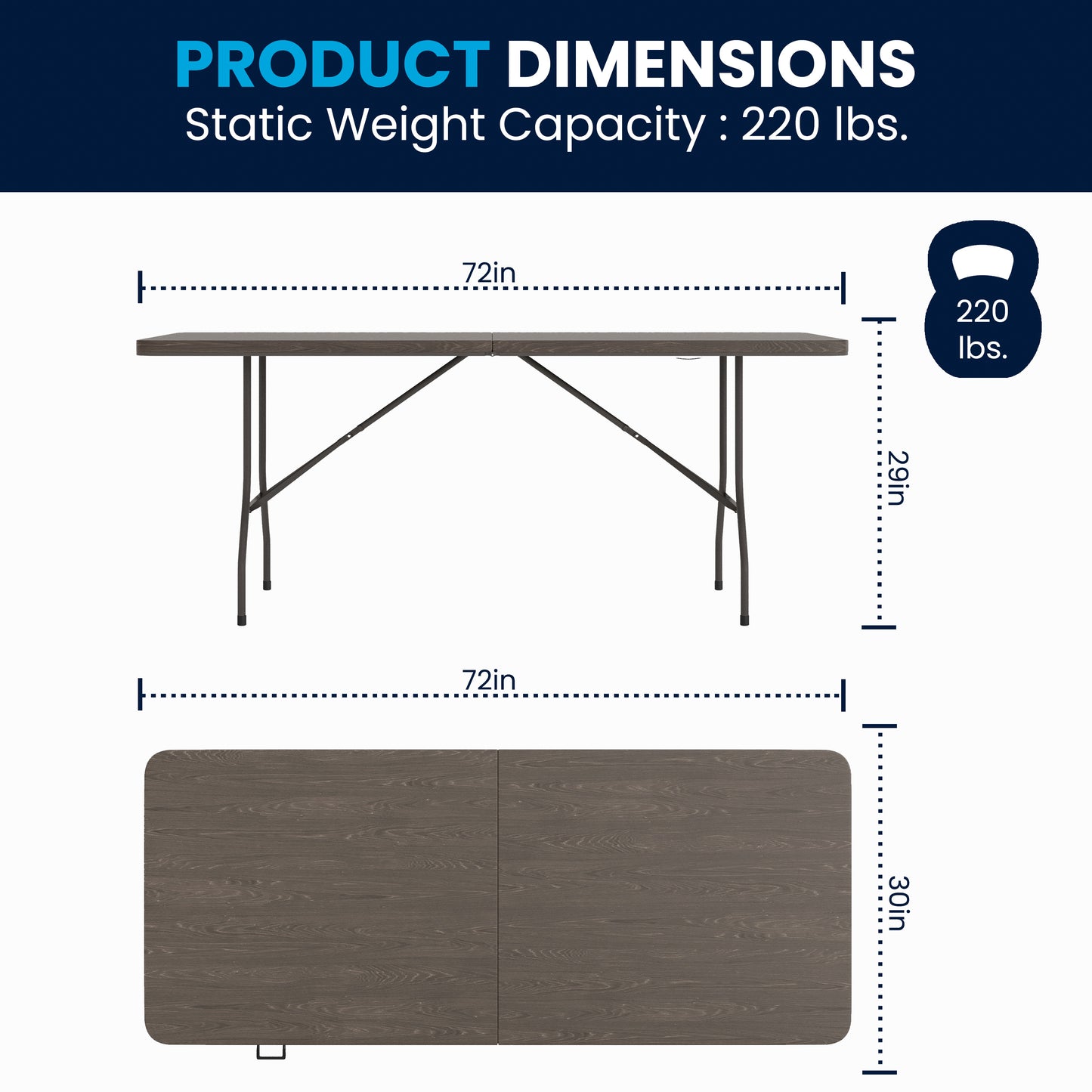 Elijah 6-Foot Bi-Fold Brown Wood Grain Plastic Folding Table with Carrying Handle Brown DAD-LF-183Z-GG