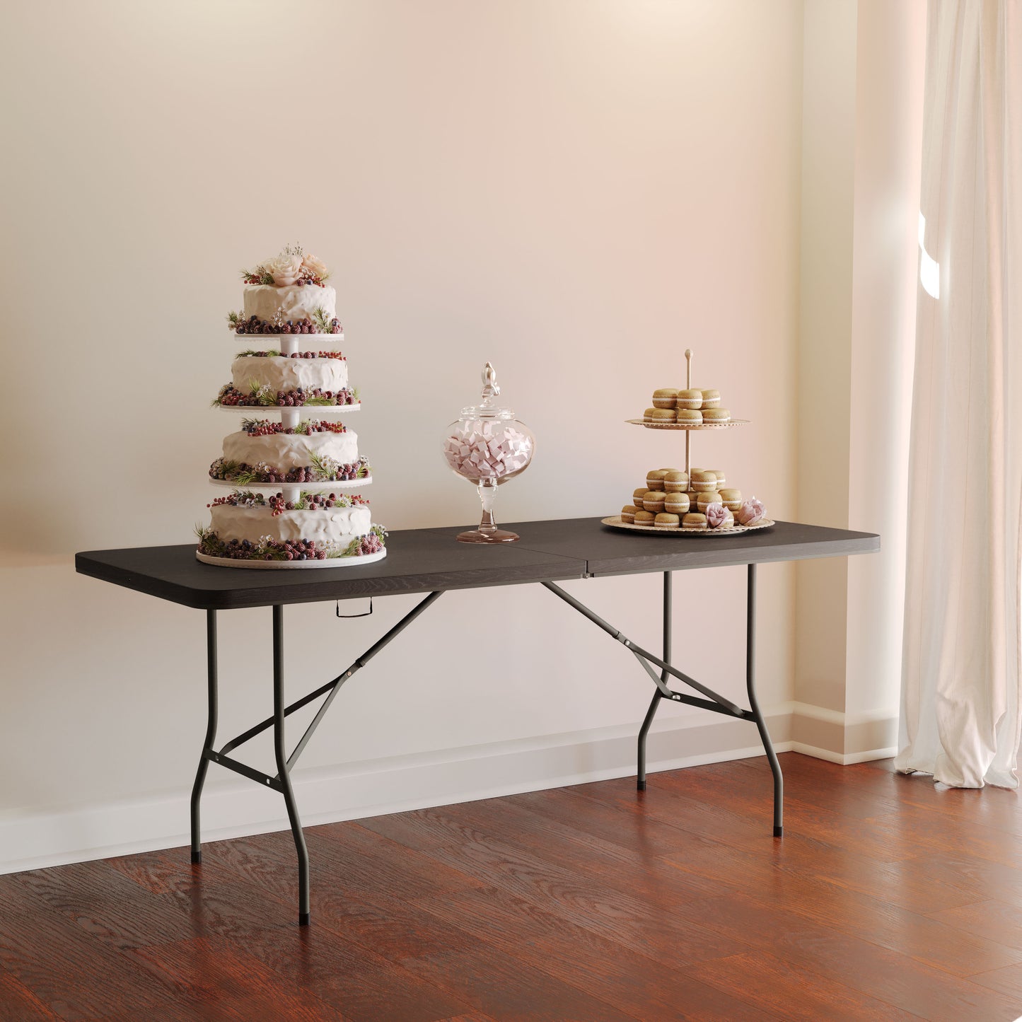 Elijah 6-Foot Bi-Fold Brown Wood Grain Plastic Folding Table with Carrying Handle Brown DAD-LF-183Z-GG