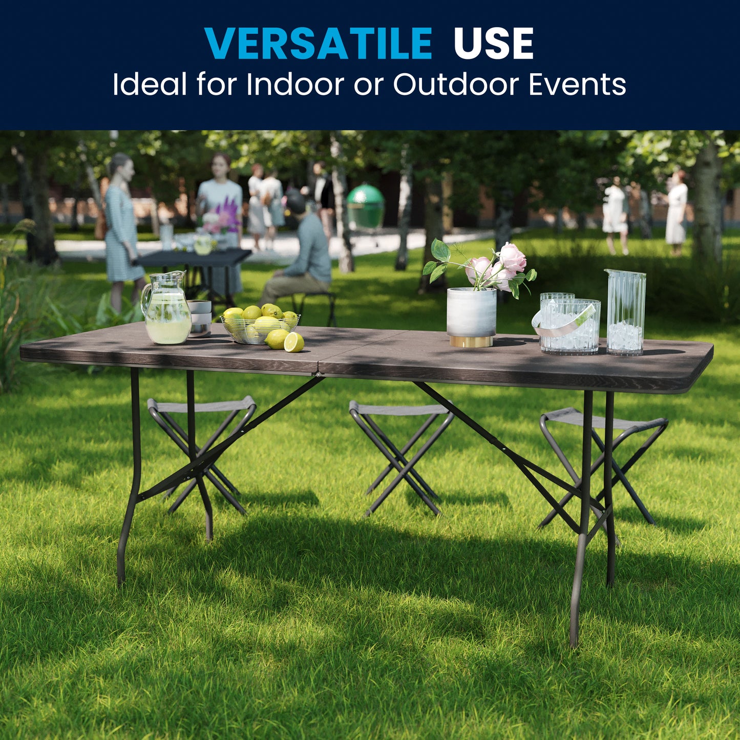 Elijah 6-Foot Bi-Fold Brown Wood Grain Plastic Folding Table with Carrying Handle Brown DAD-LF-183Z-GG