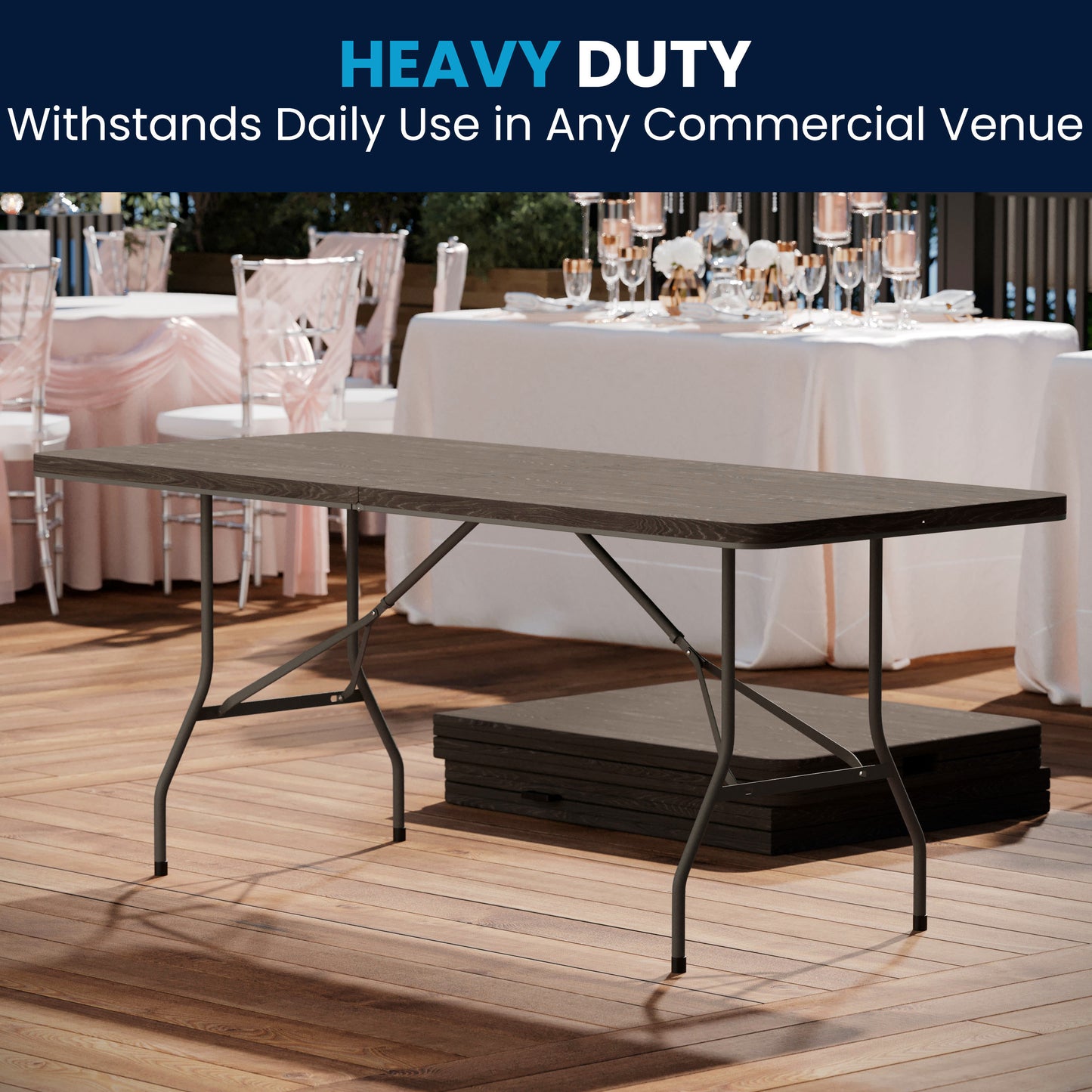 Elijah 6-Foot Bi-Fold Brown Wood Grain Plastic Folding Table with Carrying Handle Brown DAD-LF-183Z-GG
