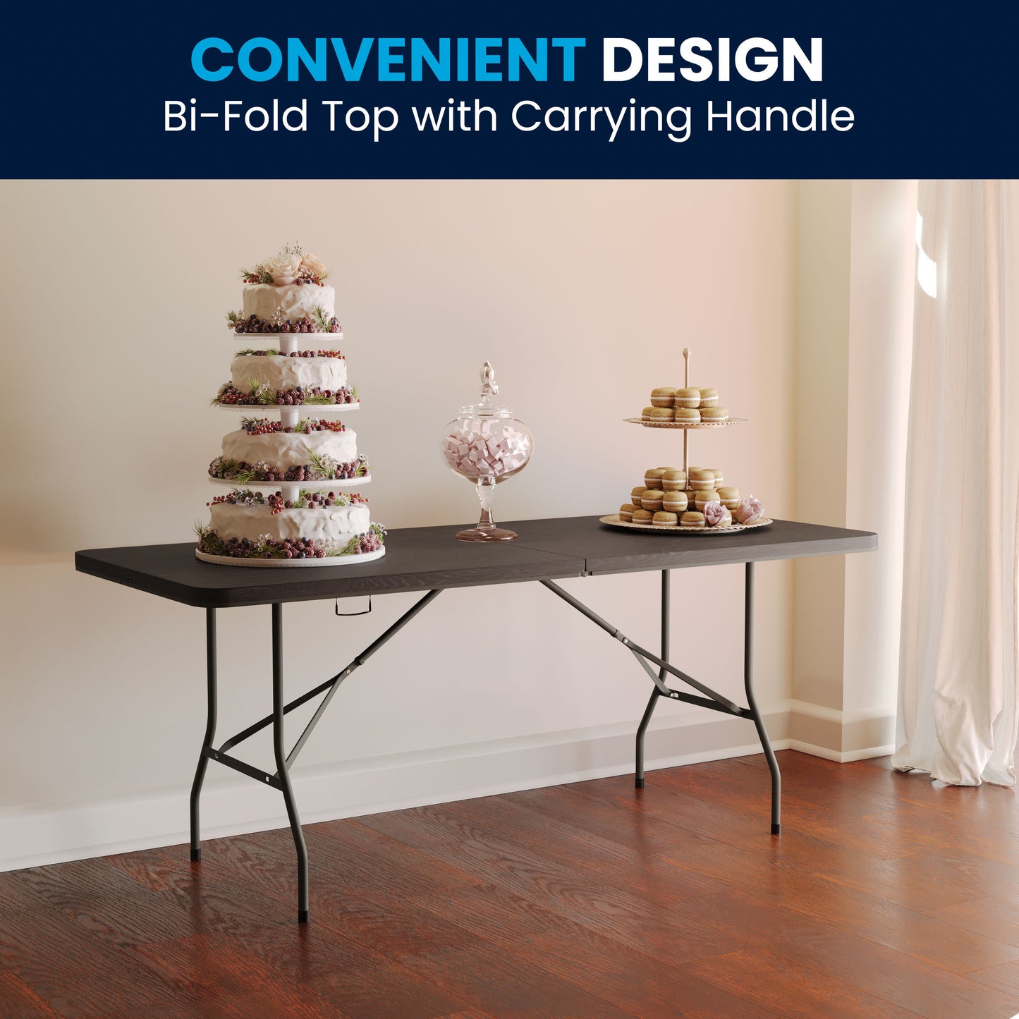 Elijah 6-Foot Bi-Fold Brown Wood Grain Plastic Folding Table with Carrying Handle Brown DAD-LF-183Z-GG