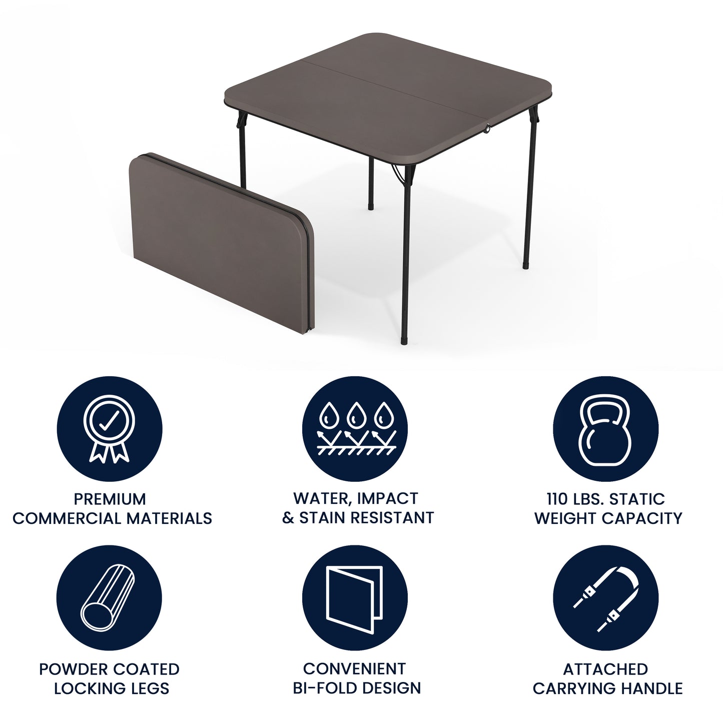 Dunham 2.83-Foot Square Bi-Fold Dark Gray Plastic Folding Table with Carrying Handle Dark Gray