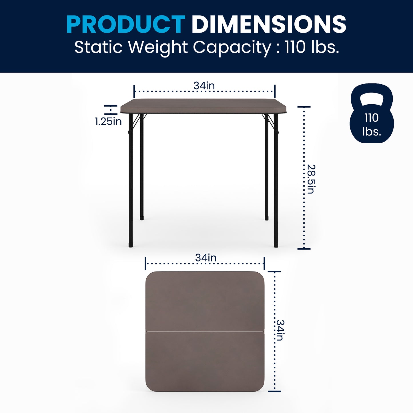 Dunham 2.83-Foot Square Bi-Fold Dark Gray Plastic Folding Table with Carrying Handle Dark Gray