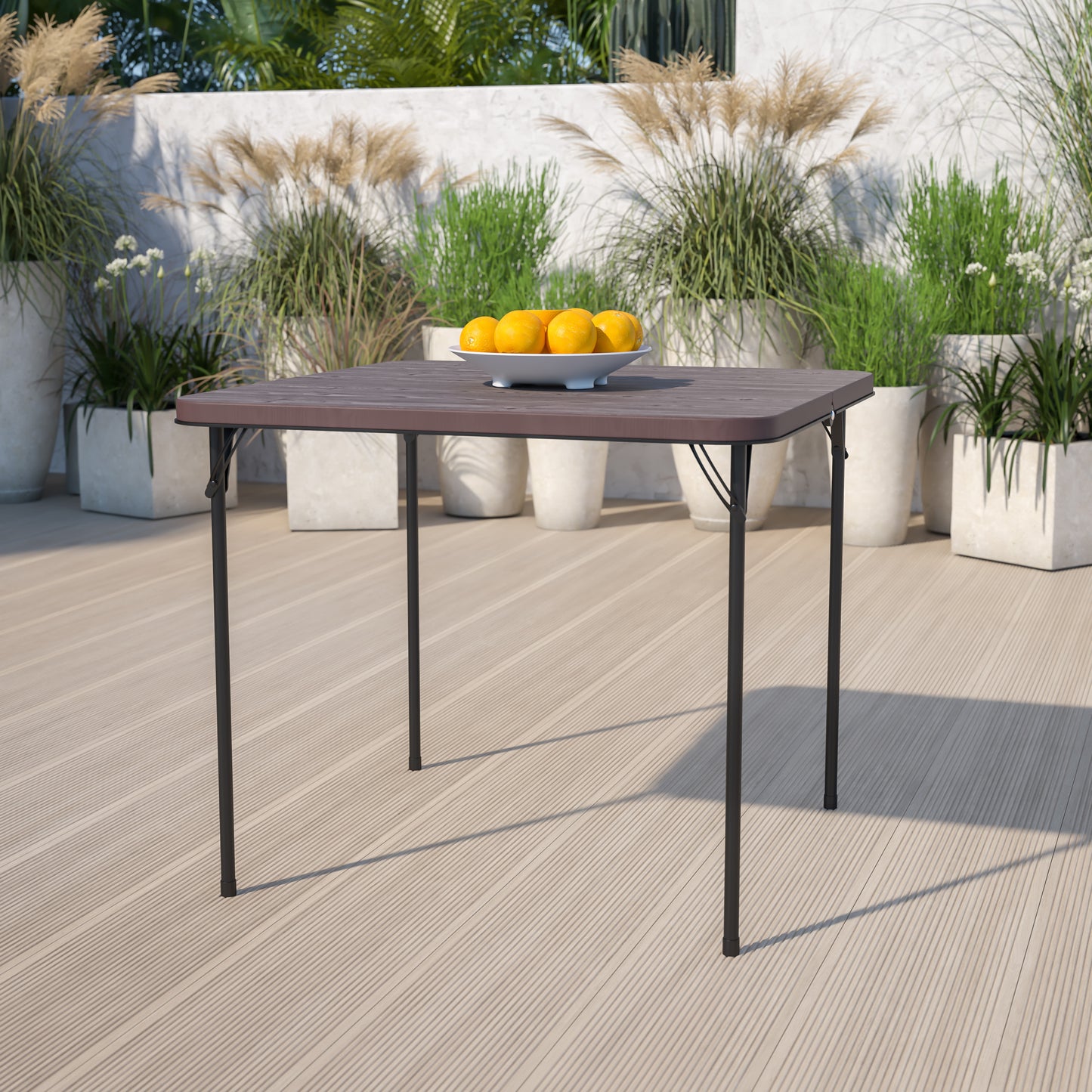 Dunham 2.83-Foot Square Bi-Fold Brown Wood Grain Plastic Folding Table with Carrying Handle Brown