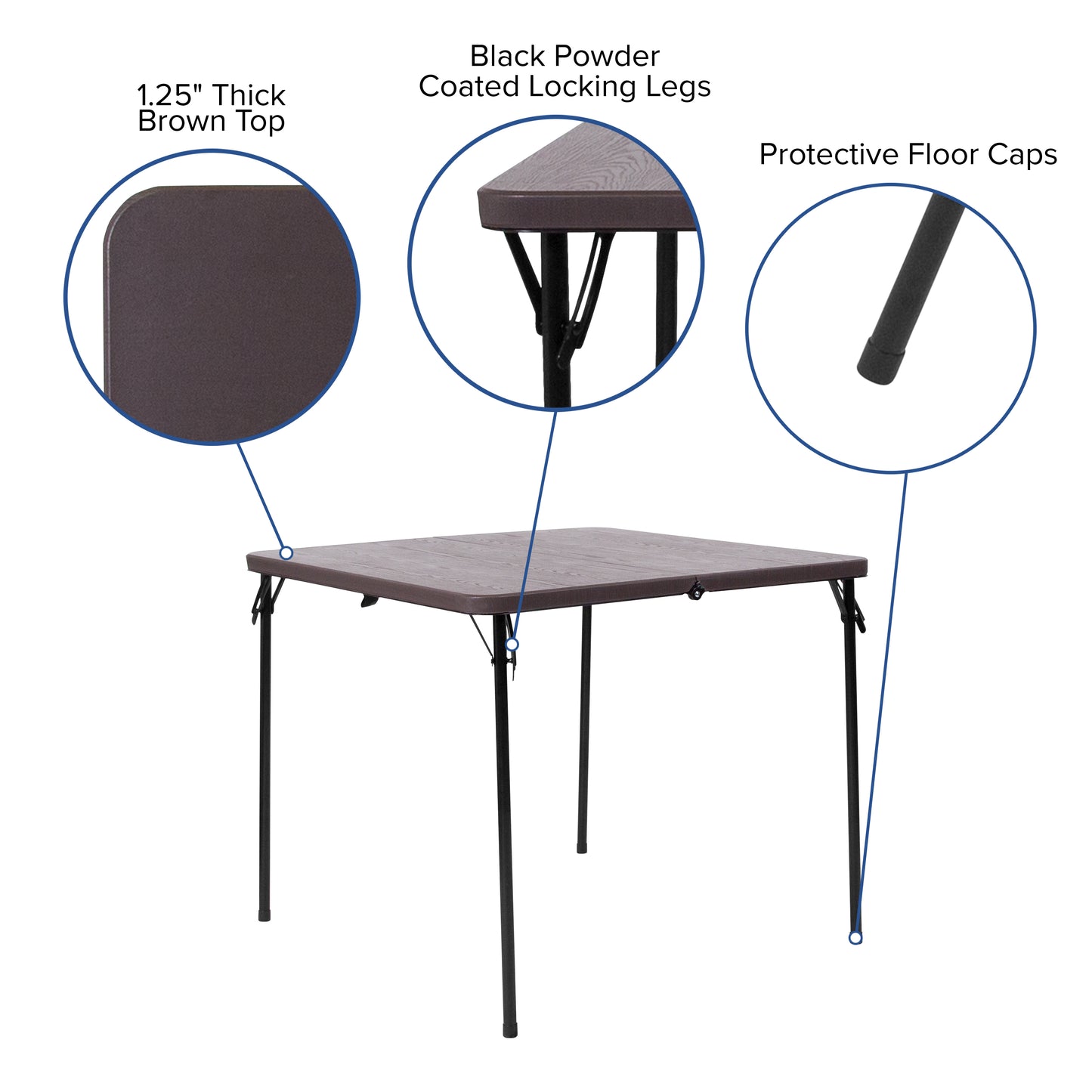 Dunham 2.83-Foot Square Bi-Fold Brown Wood Grain Plastic Folding Table with Carrying Handle Brown