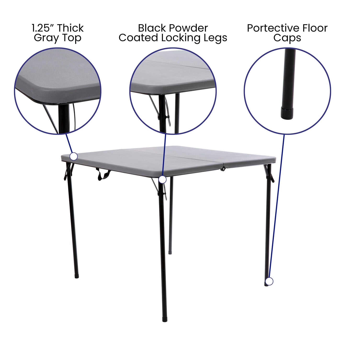Dunham 2.83-Foot Square Bi-Fold Gray Plastic Folding Table with Carrying Handle Gray
