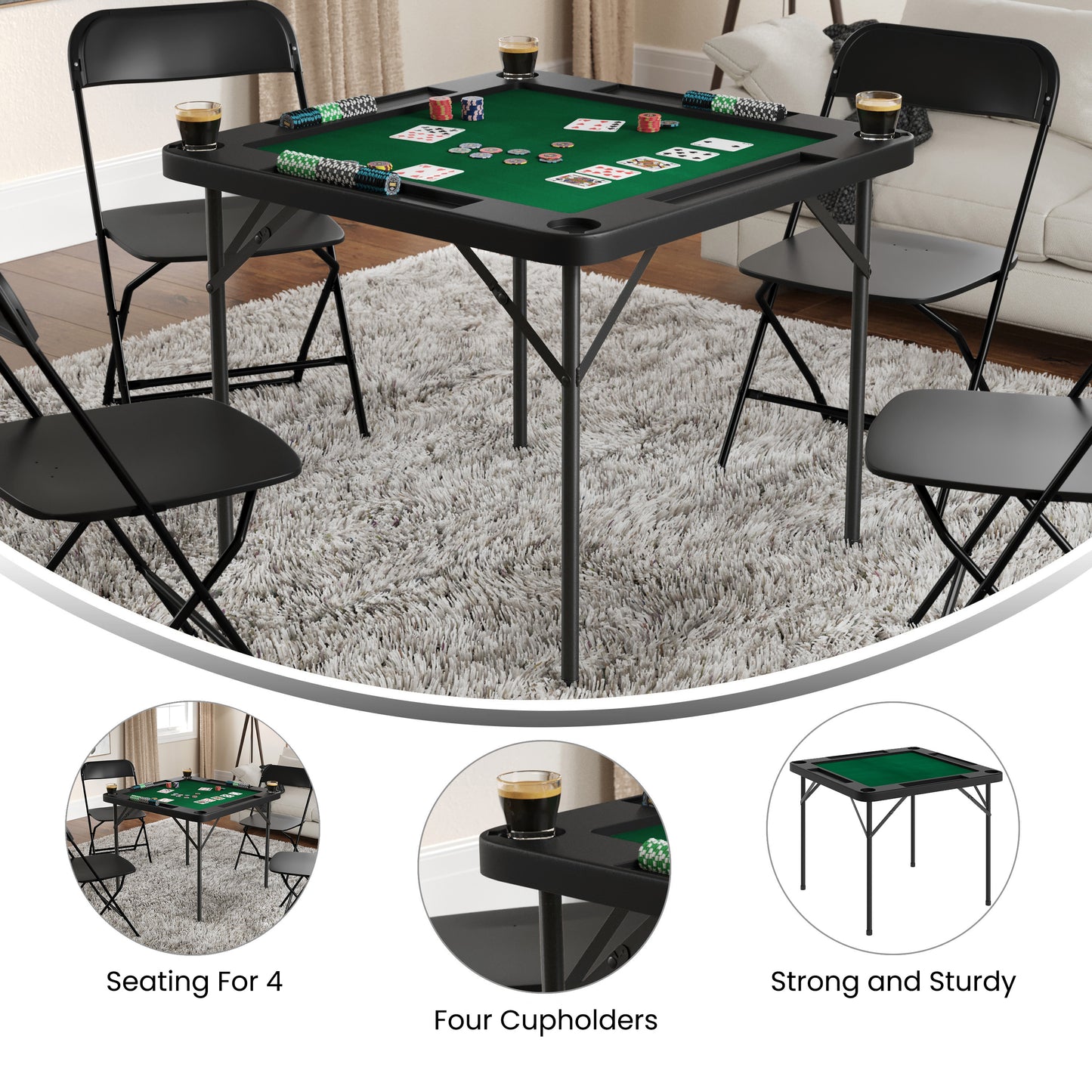 Silas 34.5" Square 4-Player Black Folding Card Game Table with Green Playing Surface and Cup Holders Black Top/Green Felt Surface