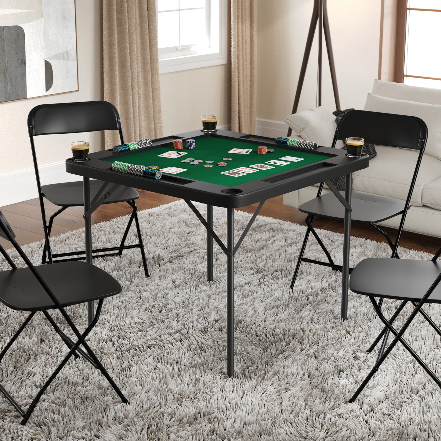 Silas 34.5" Square 4-Player Black Folding Card Game Table with Green Playing Surface and Cup Holders Black Top/Green Felt Surface