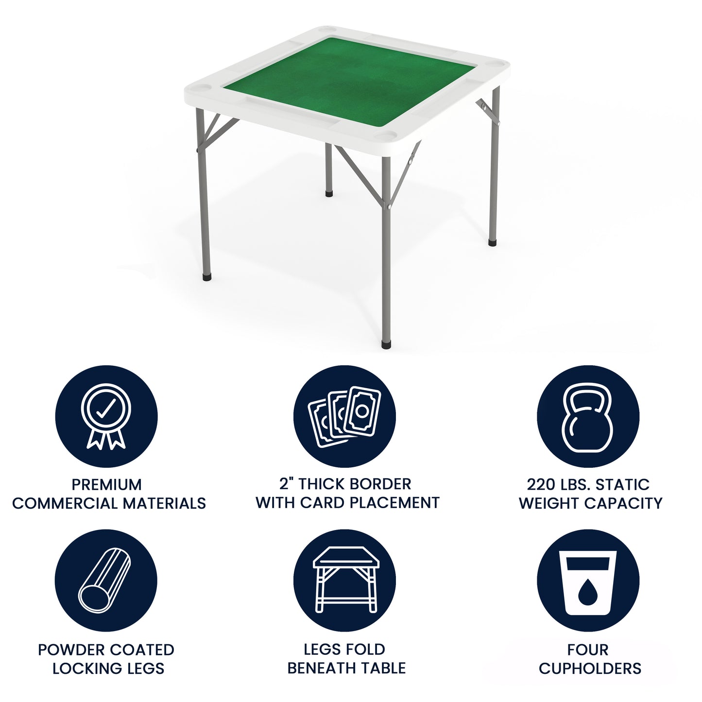 Silas 34.5" Square 4-Player Folding Card Game Table with Green Playing Surface and Cup Holders Granite White